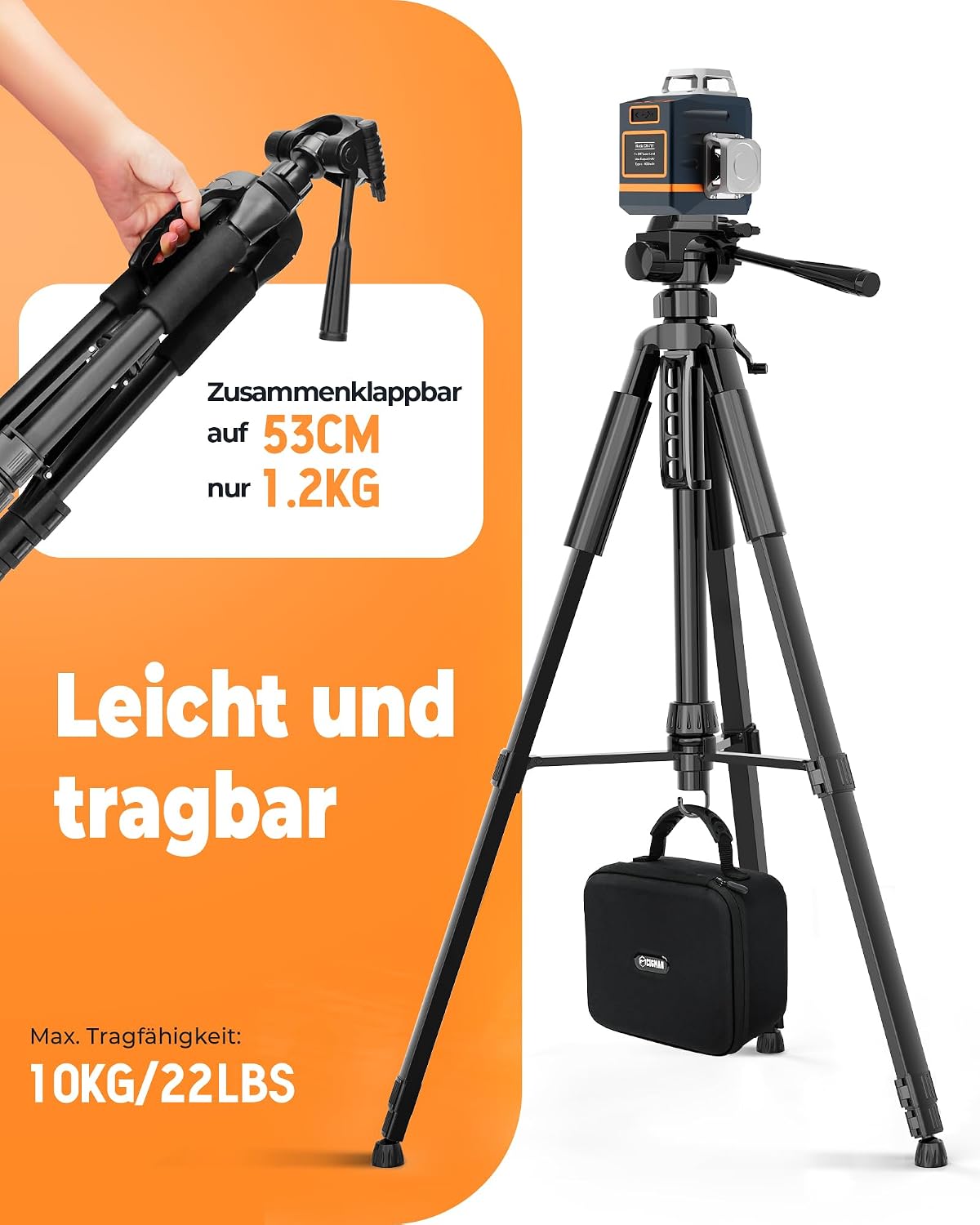 Detalle de Stativ Laser, CIGMAN 1,5m – Aluminiums-Verstellstativ mit 3‑Wege-Schwenkkopf, Blasenebene und Adapter–CTP01