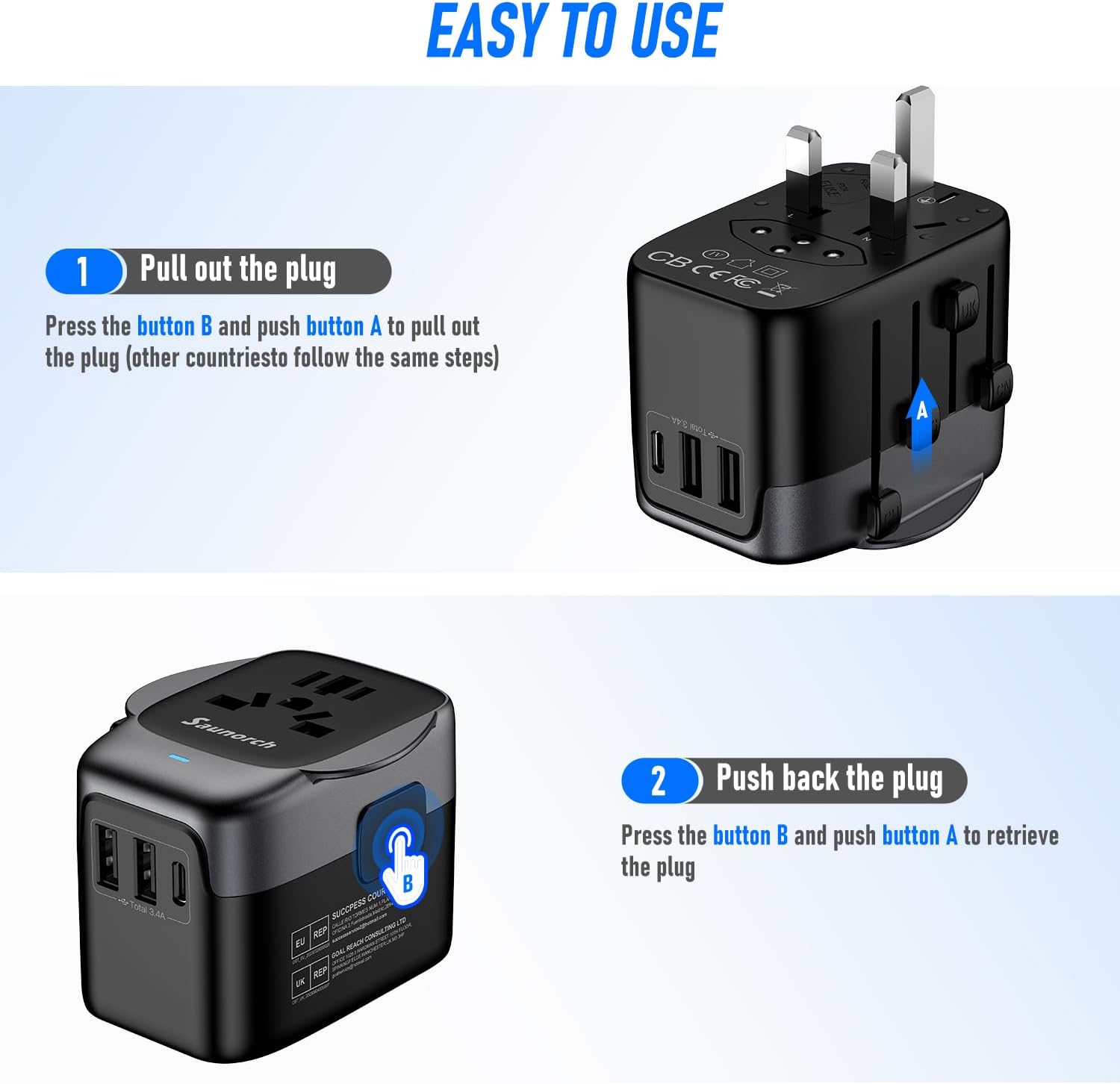 Thumbnail 6 de SAUNORCH Worldwide Travel Adapter with 2 USB-A & USB-C – universal plug for USA, UK, EU, AU (Thailand & 200+ countries)