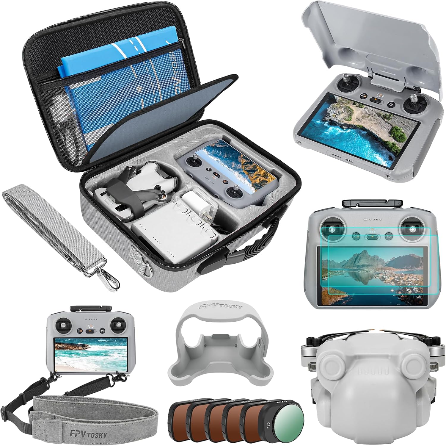 Detalle de FPVtosky Pacco accessori Mini 4 Pro – Kit 7 in 1 con custodia, filtri ND, parasole RC2 e accessori essenziali