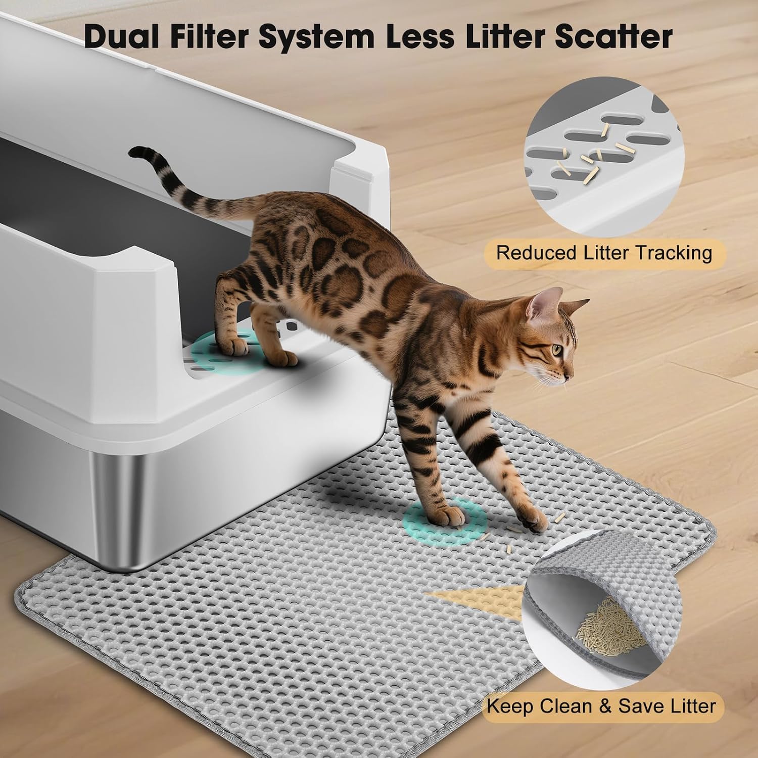 Detalle 2 de FURTIME CLB-SG-XL Stainless Steel Cat Litter Box, Large, High-Sided with Scoop & Mat