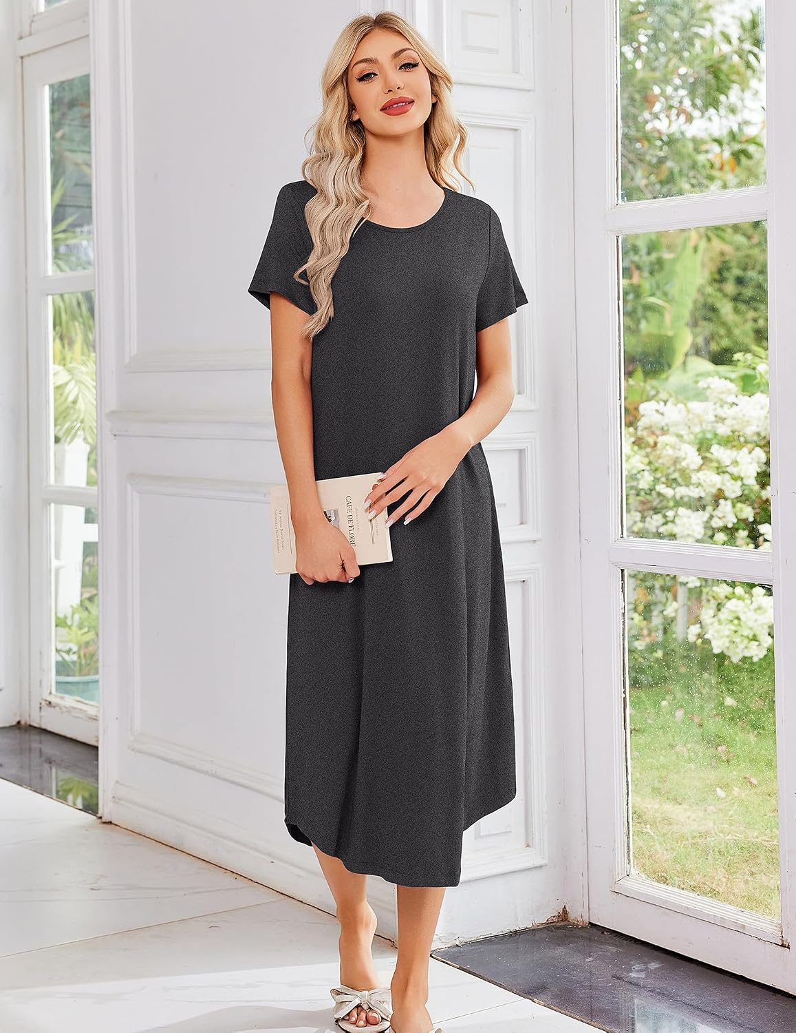 Detalle 2 de Ekouaer 3-Pack Long Nightgowns for Women, Plus Size, Three Necklines