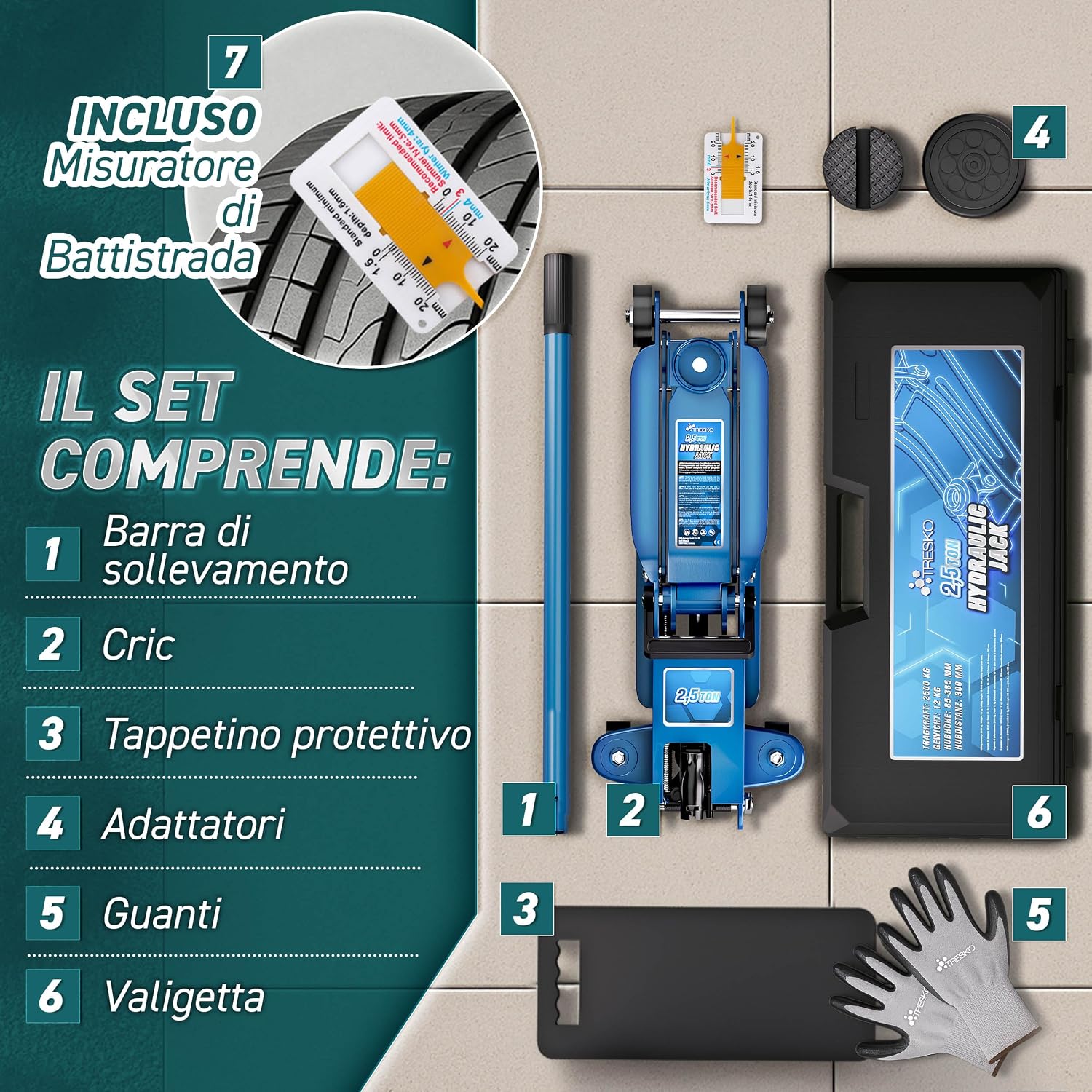 Thumbnail 5 de TRESKO Cric idraulico 2,5T altezza 85–385 mm per auto 🛠