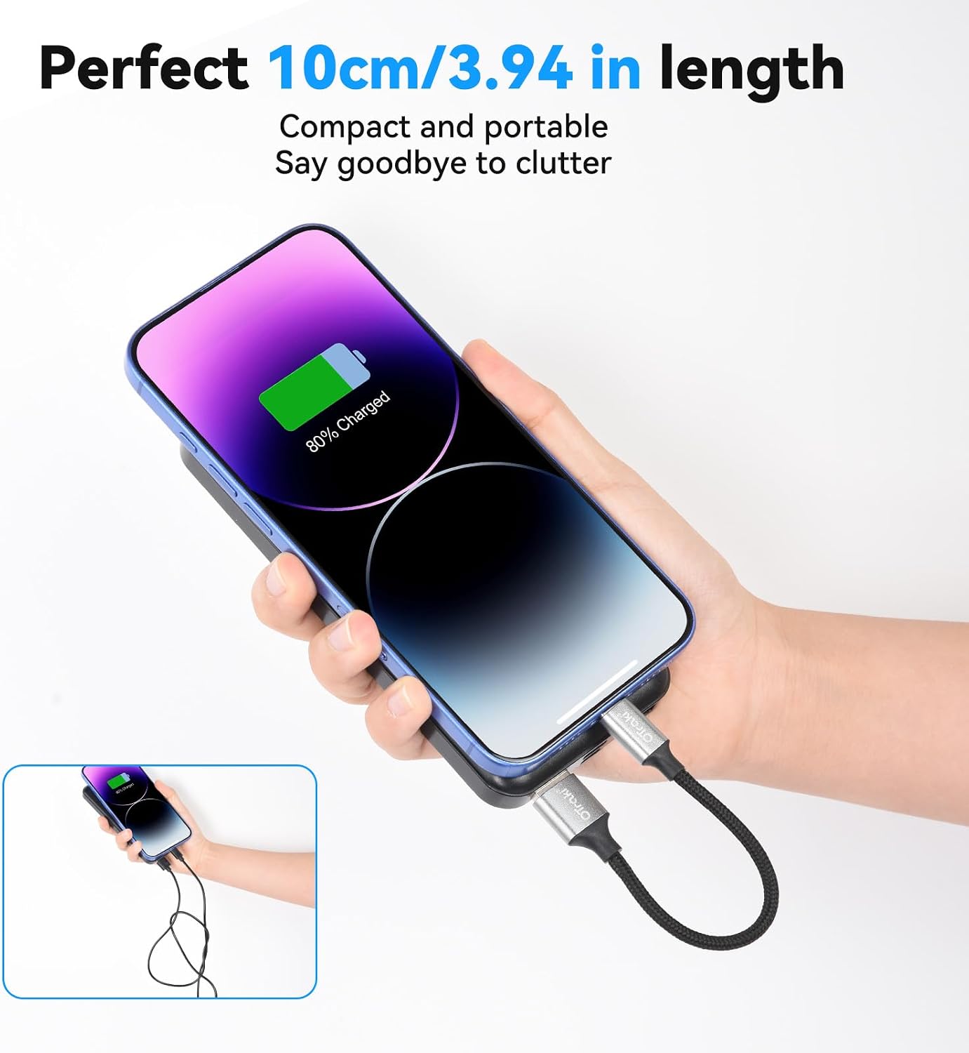 Detalle 2 de OTraki Cavo USB-C/USB-A 0,1 m: ricarica rapida, durata superiore e design intrecciato in nylon