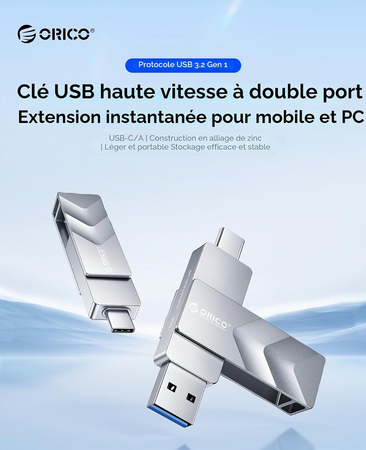Detalle de ORICO Clé USB 128Go USB‑C dual connecteurs (A et C) – USB 3.2 Gen 1, OTG, 150 Mo/s