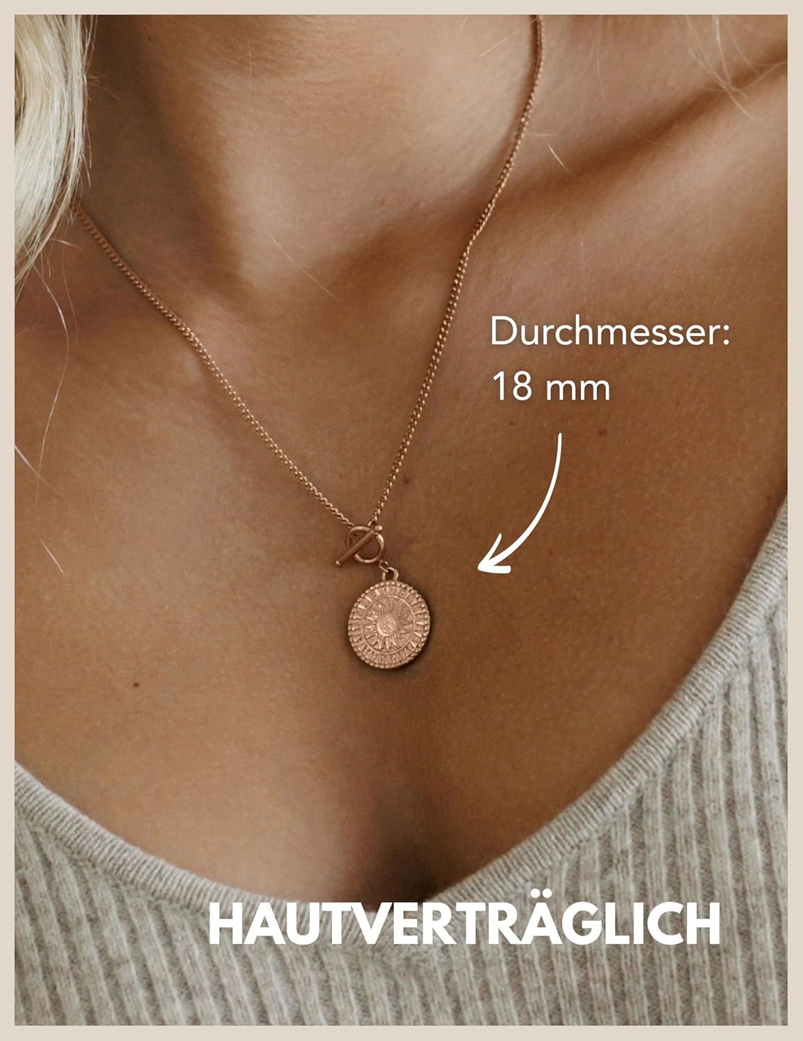 Detalle de GD GOOD.designs Kette Sonne – Wasserfeste Halskette Damen mit Sonnen Anhänger, Edelstahl 316L, 18K Gold/Roségold/Silber, verstellbar 45–50 cm