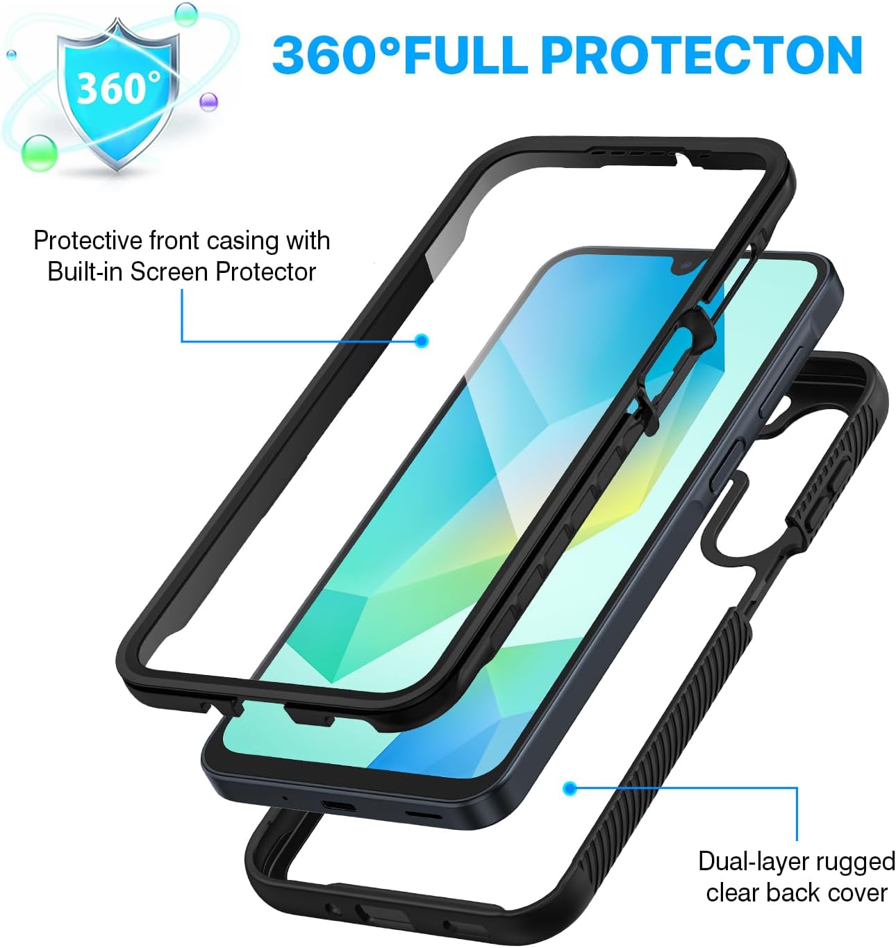 Thumbnail 1 de CENHUFO for Samsung A17 / A16 Case with built-in screen protector and 360° shockproof cover (Black/Clear)