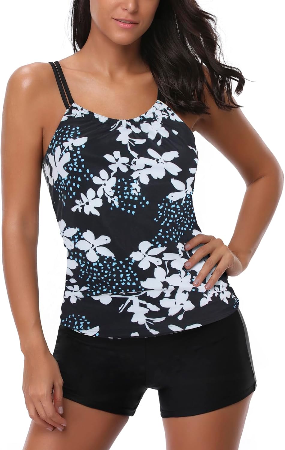 Thumbnail 6 de AYEEBOOY Women's Plus Size Floral Halter Tankini Set with Boyshort High Waist Swimsuit