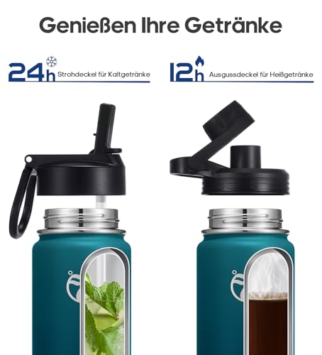 Detalle de HydroPal Edelstahl Isolierflasche 1,2 L – doppellagig, 2 Deckel inklusive Strohhalm