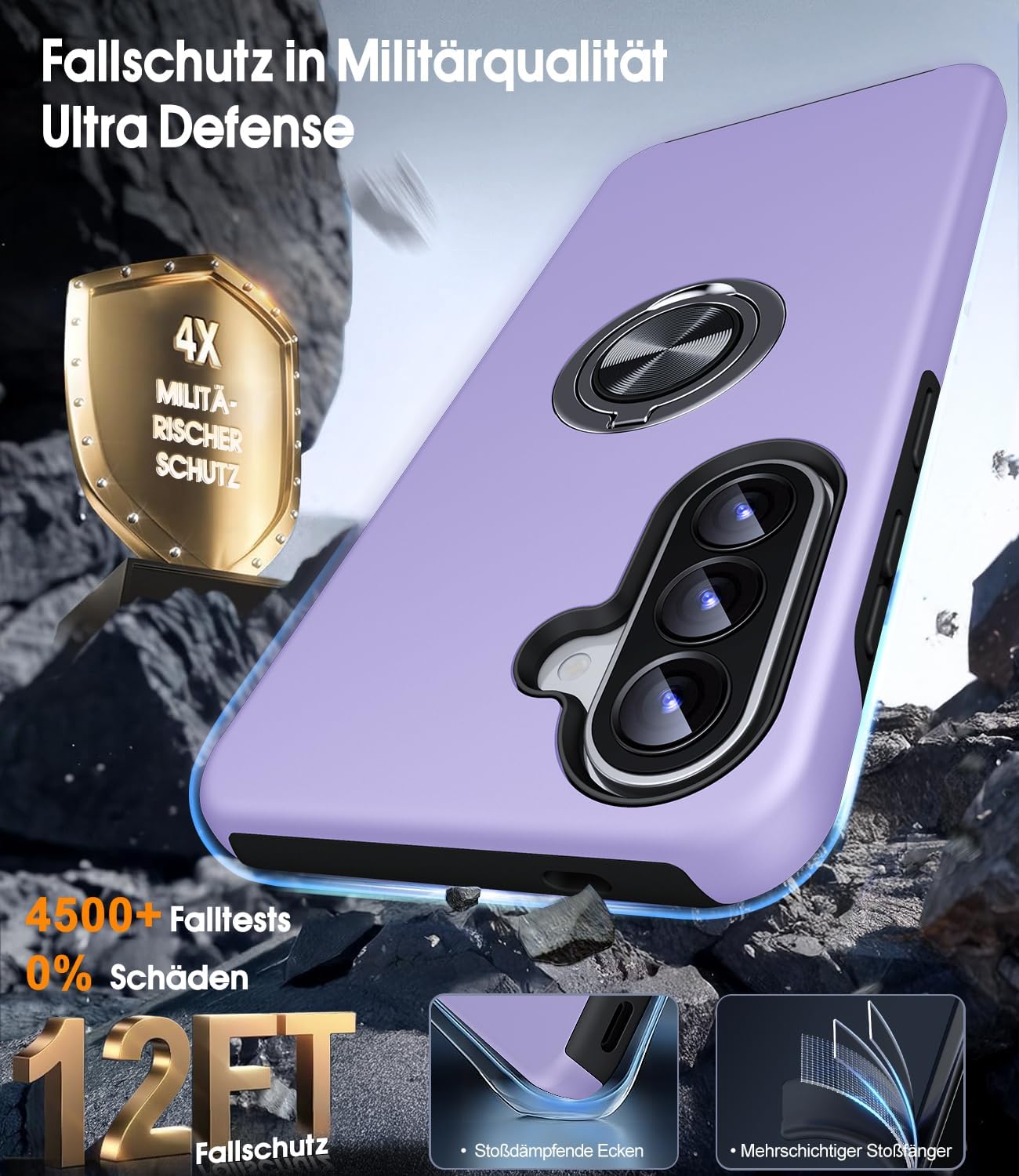 Thumbnail 4 de AOUIA Hülle für Samsung Galaxy A57 5G mit 2 Panzergläsern – 360° Ringständer, Militärischer Stoßschutz, violett