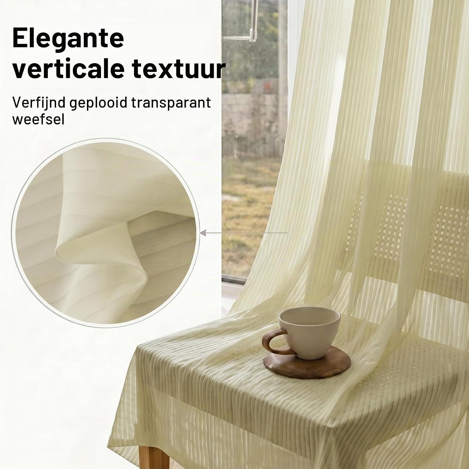 Detalle 1 de Gazal Vole beige vitrage 140 x 200 cm, gestreept en semi-transparant