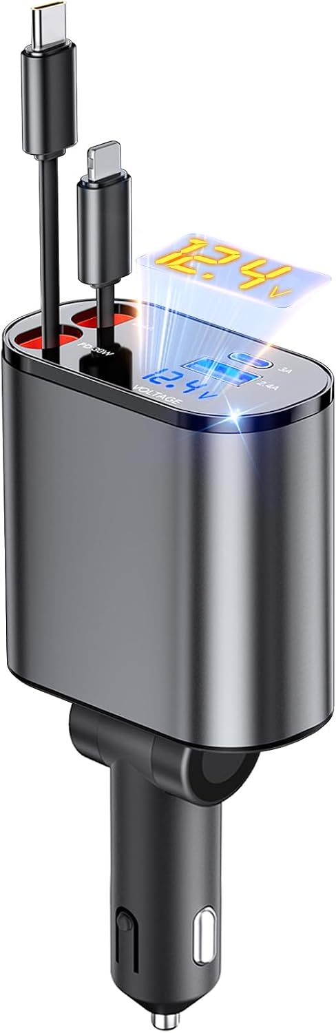 Detalle de Aimtel 4 in 1 Zigarettenanzünder USB C 66W Auto Ladegerät – inkl. einziehbarem Kabel
