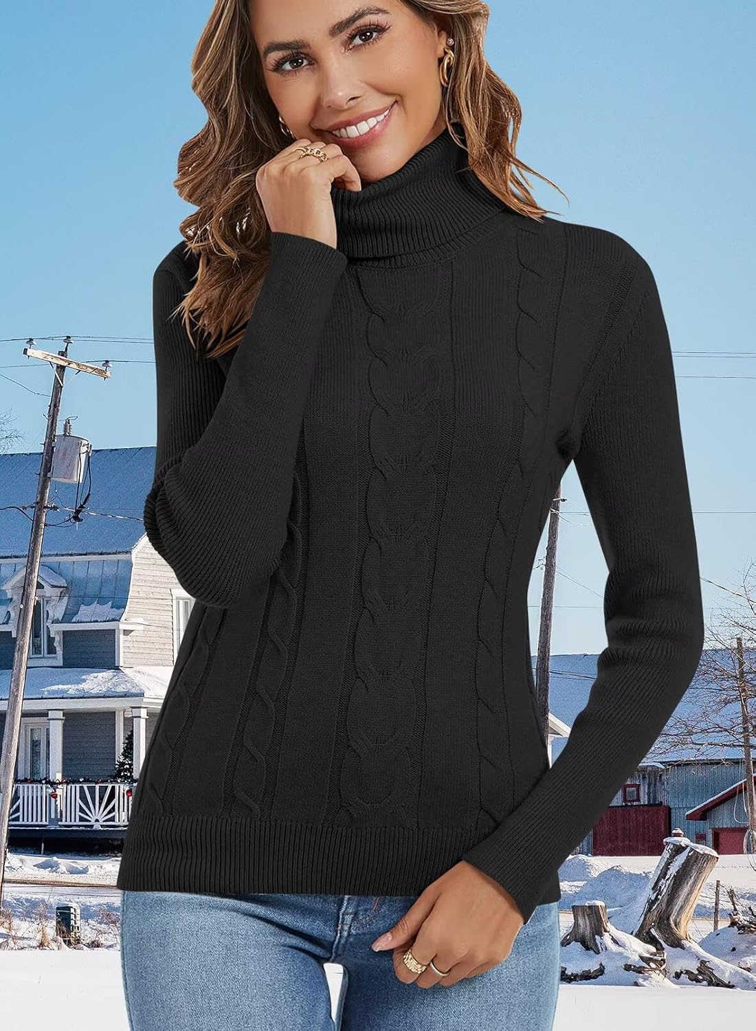 Detalle 2 de JOCAFIYE Women's Cable-Knit Turtleneck Sweater, Long Sleeve, Stretch Fit