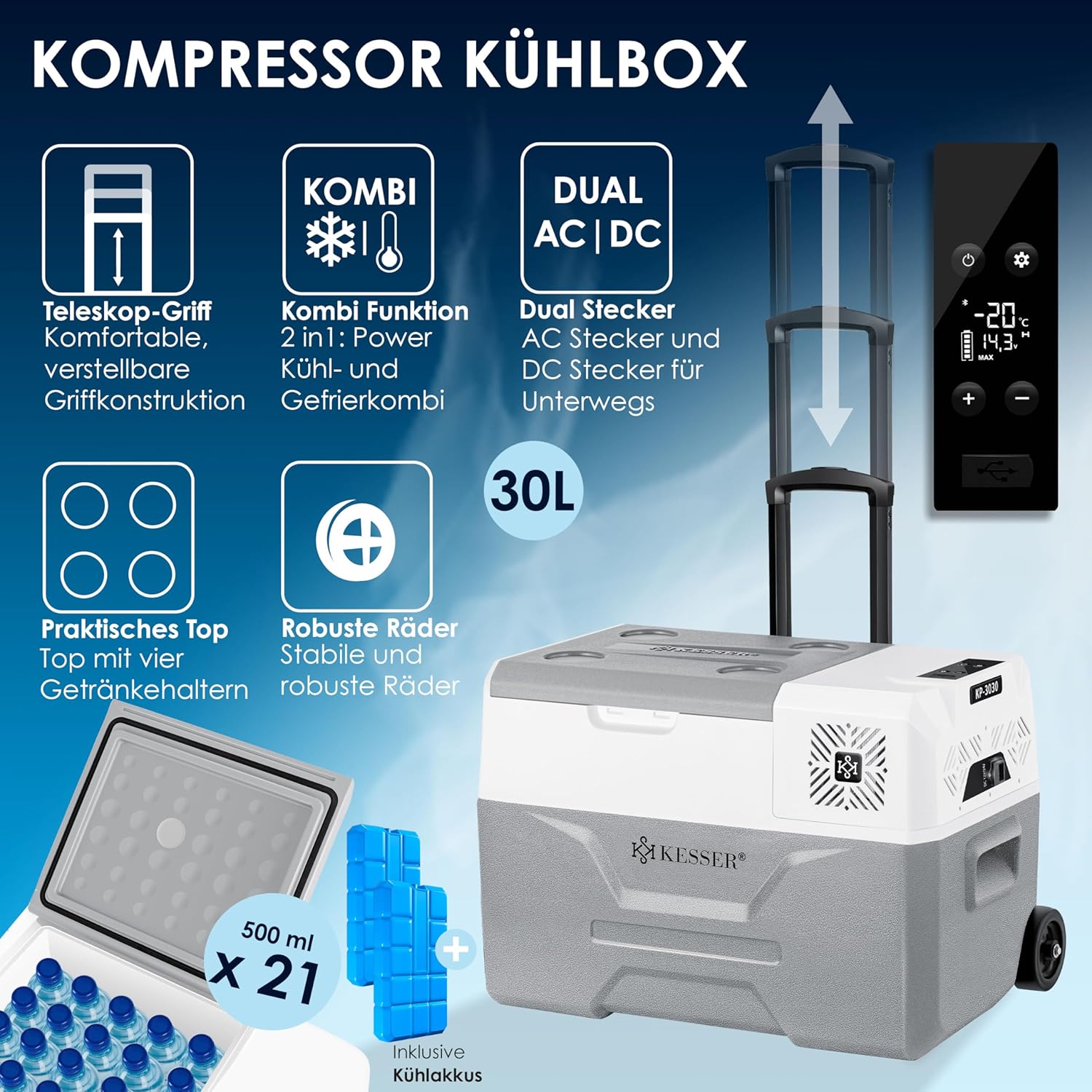 Thumbnail 1 de KESSER Kompressor Kühlbox 30L – APP-Steuerung, Gefrierfunktion bis -20°C, 12/24V/230V, Räder