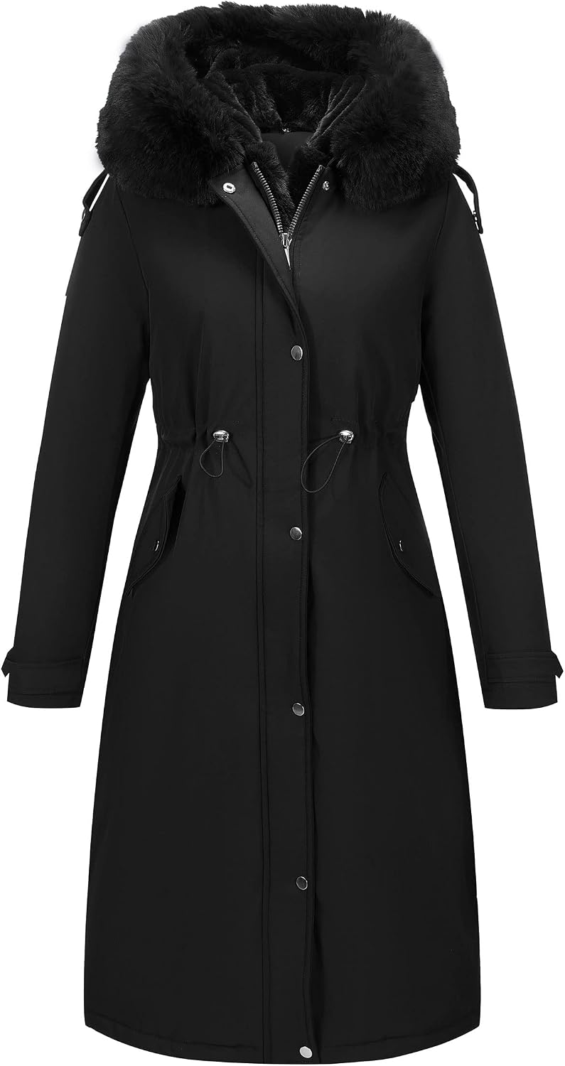 Detalle de RISISSIDA R7614 Women's Long Puffer Parka with Drawstring Waist and Fur-Trim Hood