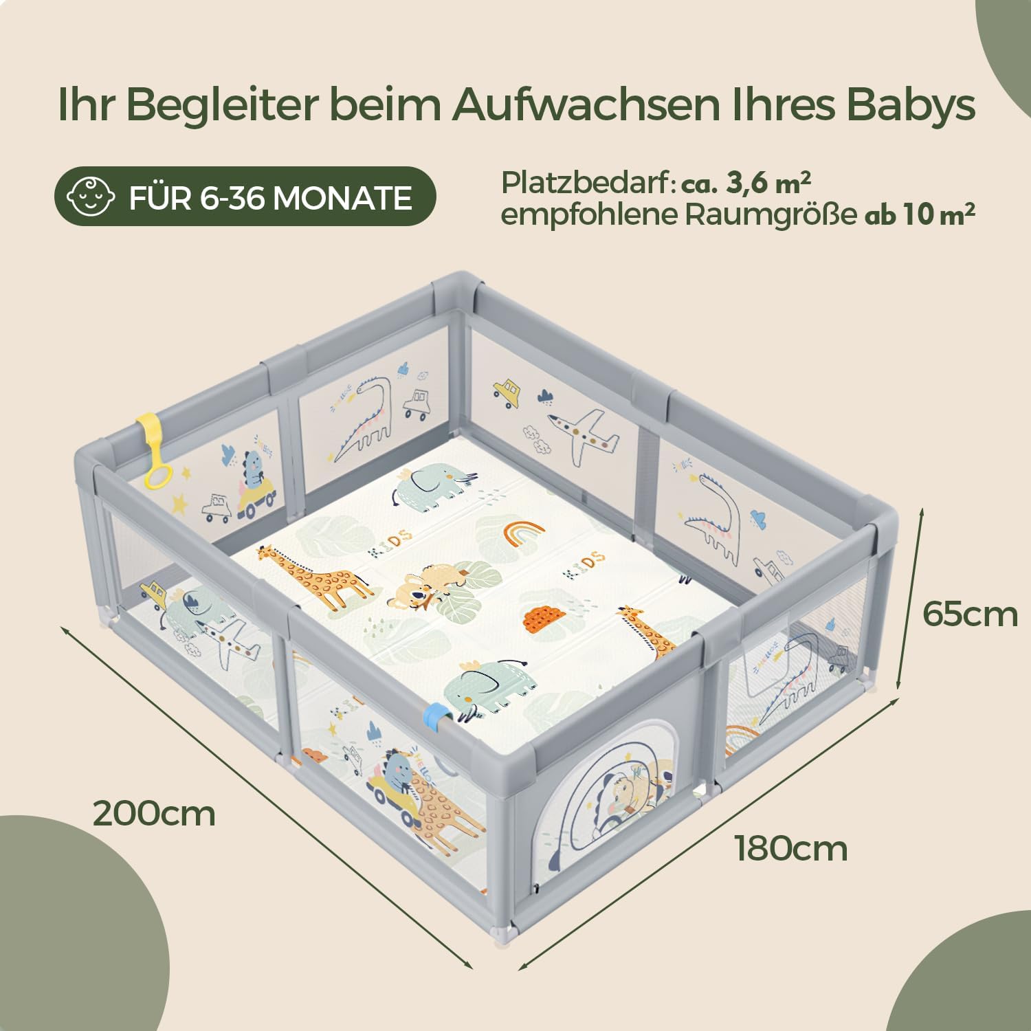 Thumbnail 6 de SOFTHOM Box Bambini 180x200 con tappeto, rete 360° e 60 palline – recinto per bimbi con laterali a zip