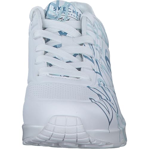 Detalle de Skechers Damen UNO Spread the Love Trainer – Weiß Duraleather mit blauem Herzprint, Größe 38 EU