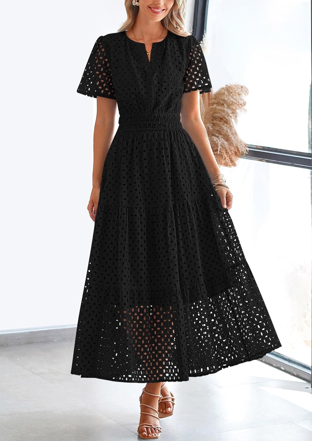 Thumbnail 6 de PRETTYGARDEN Womens 2026 Summer Maxi Dress: Eyelet V-Neck A-Line with Short Sleeves