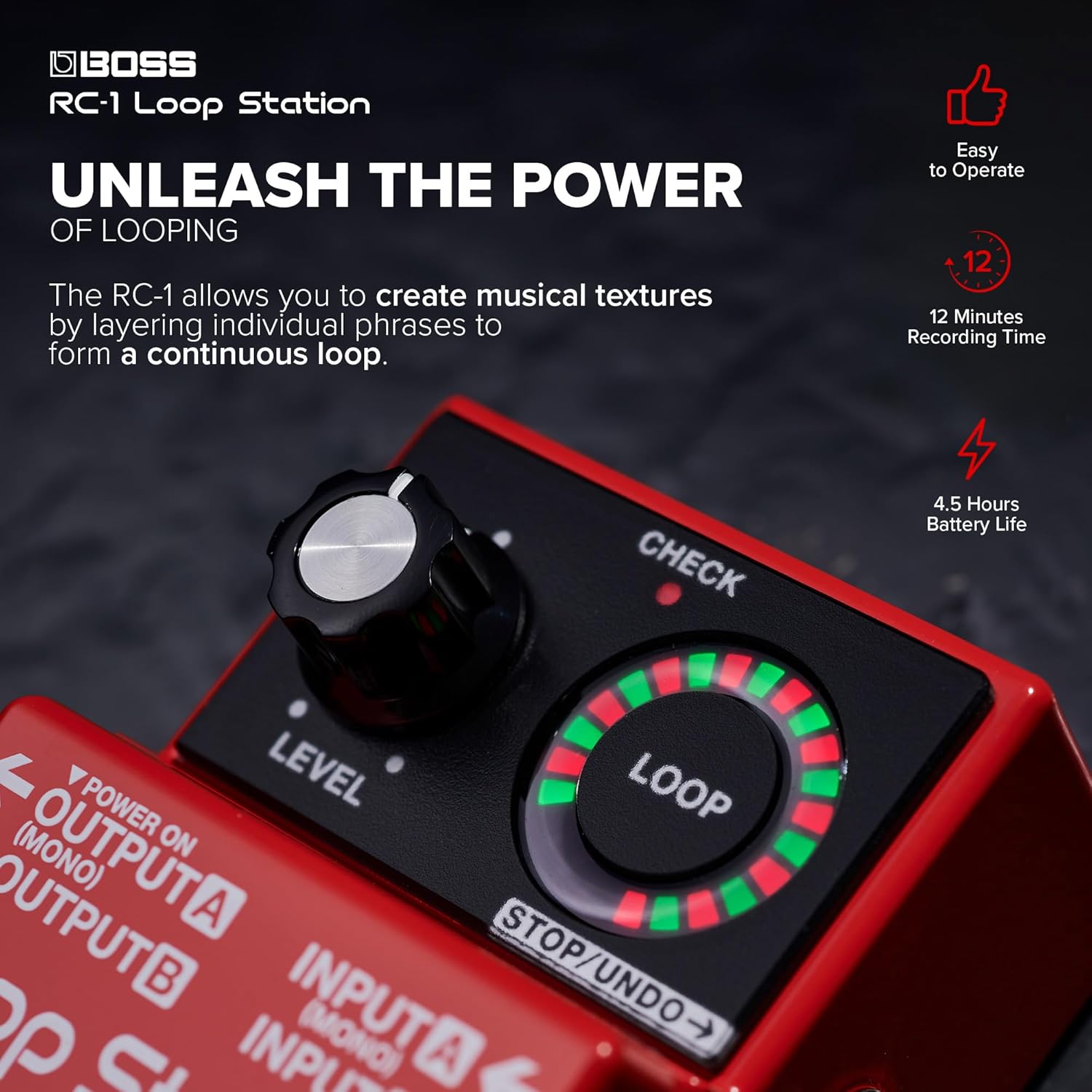 Thumbnail 2 de BOSS RC-1 Loop Station Pedal with 12-Minute Stereo Recording and 24-Segment LED