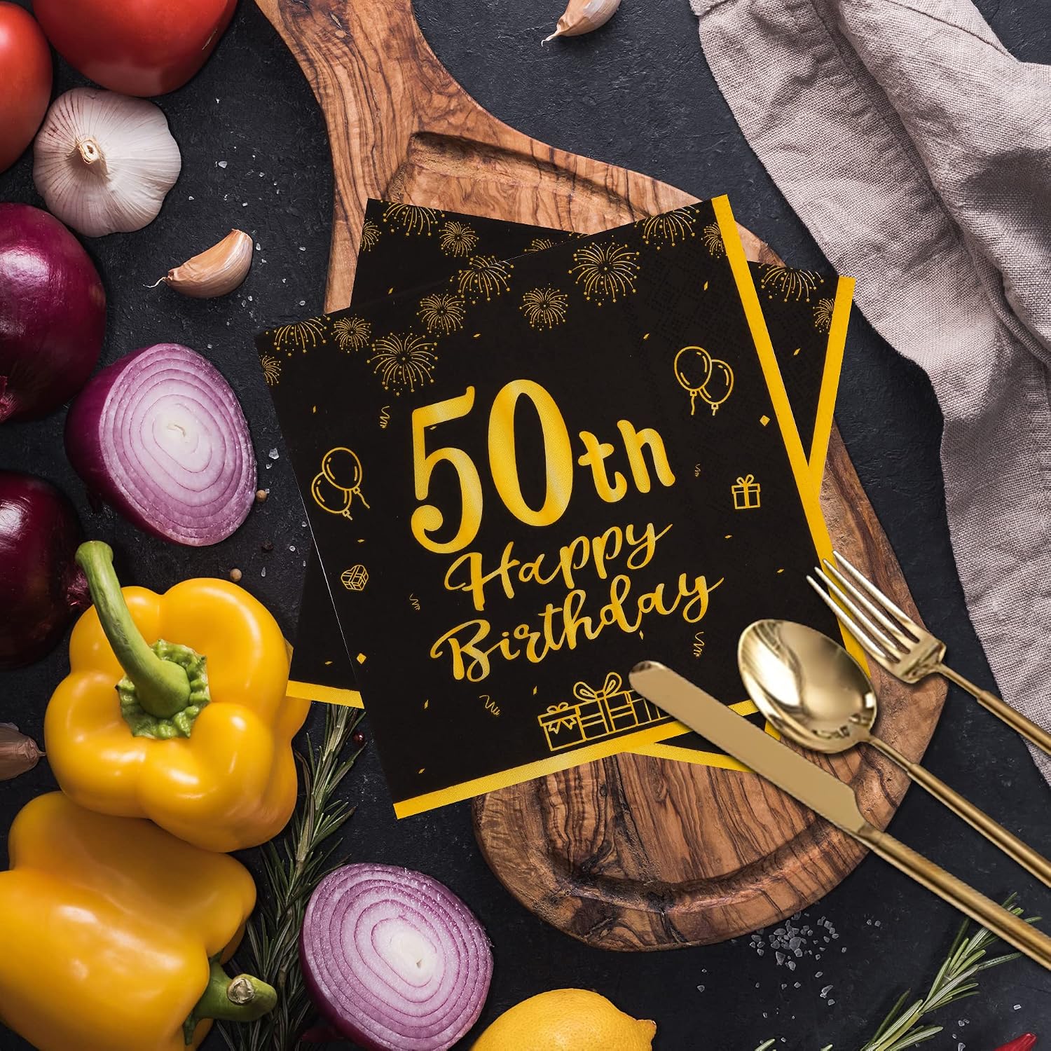 Detalle de TOPWAYS papieren servetten voor 50e verjaardag, zwart-goud, 2-laags