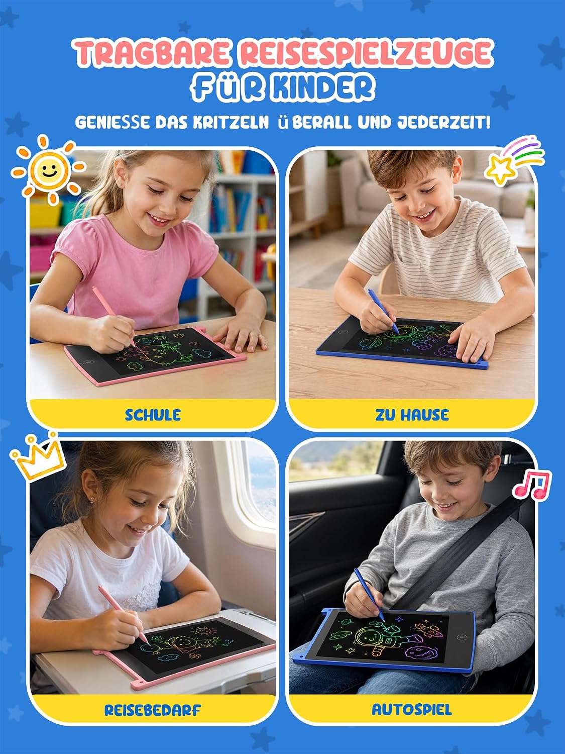 Detalle 2 de TEKFUN 2er-Set LCD Zeichenbrett 8,5 Zoll – Umweltfreundliche Zaubertafel mit Lanyard (Rosa+Blau)