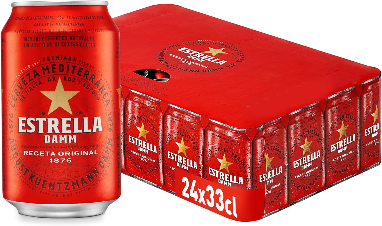 Detalle de Estrella Damm Cerveza – Caja de 24 latas (330 ml) total 7.92 L