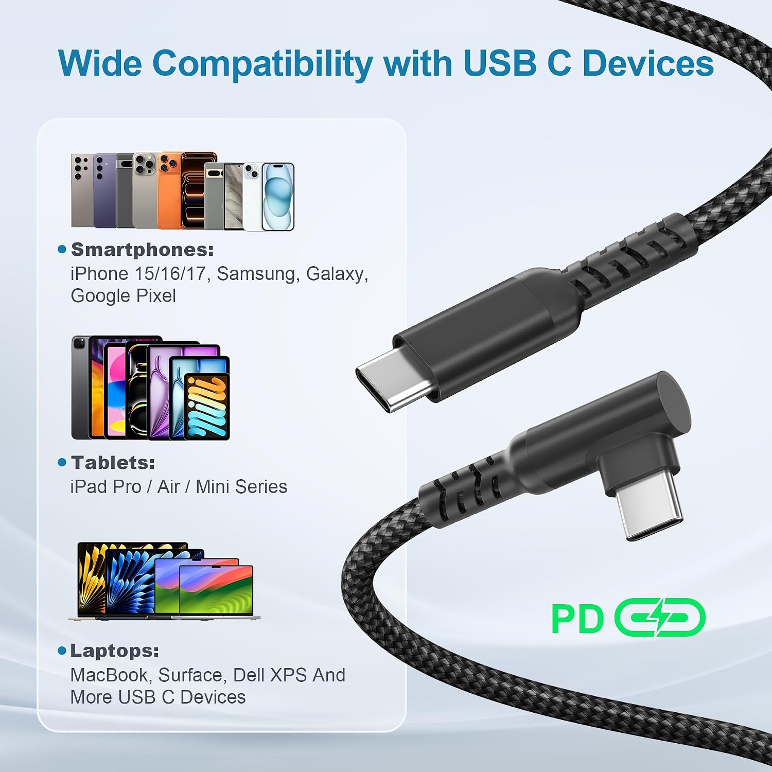 Detalle de Base Sailor Galaxy S26/S25 60W USB-C to USB-C right-angled charger cable (3m) with USB adapter