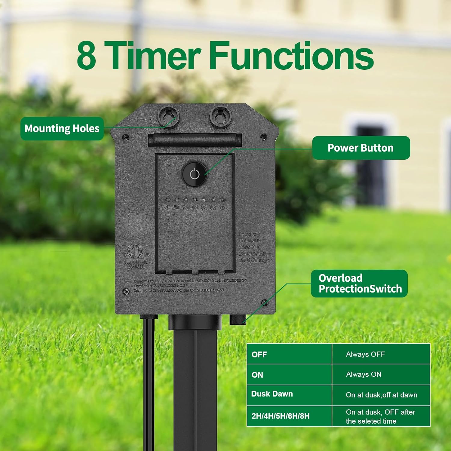 Detalle de Tiffcofio 28011 Outdoor Stake Timer, 100-ft Remote, Six Grounded Outlets