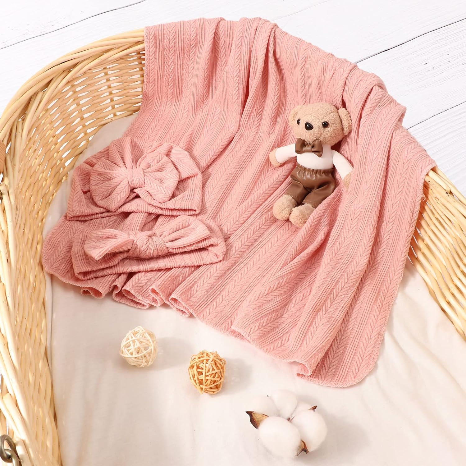 Detalle de DRESHOW Newborn Receiving Blanket Set with Matching Bow Hat and Bow Headband for Girls