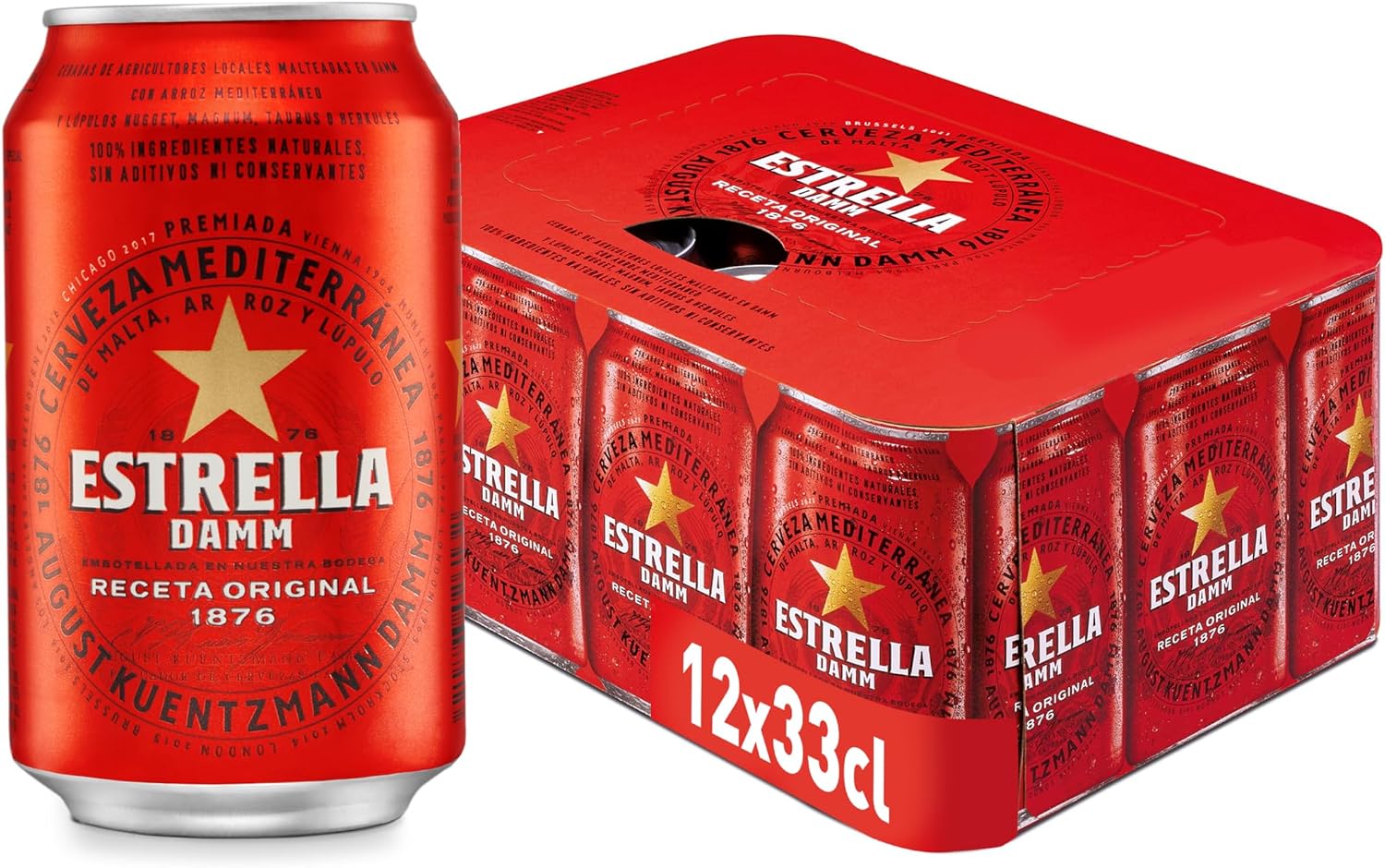 Detalle 1 de Estrella Damm Cerveza – Caja de 24 latas (330 ml) total 7.92 L