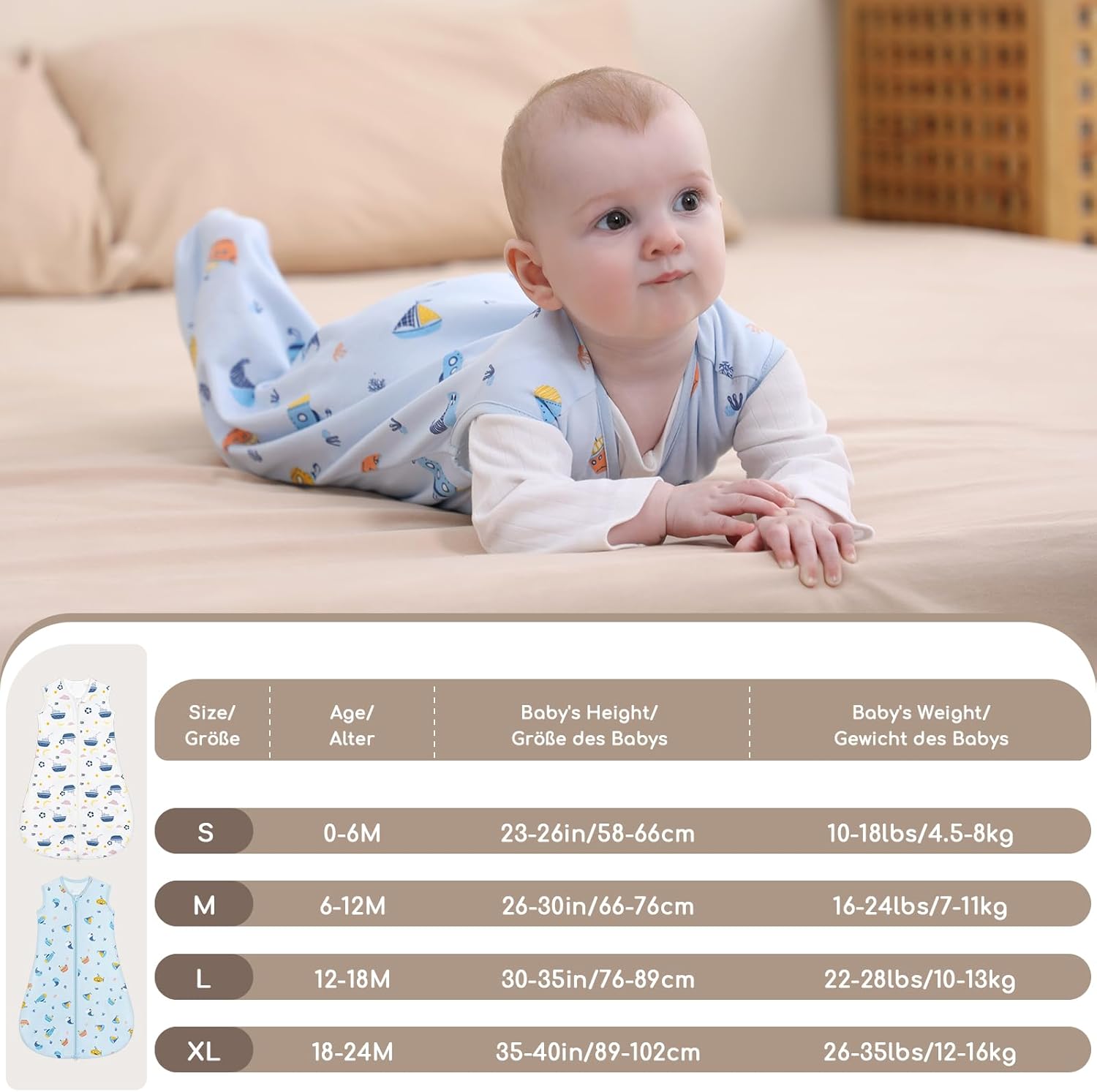 Detalle 2 de Yukkidds Baby Sleeping Bag 0.5 Tog – 100% Cotton, Lightweight Summer Sleep Sack (2-Pack, Blue) for 0–12 Months