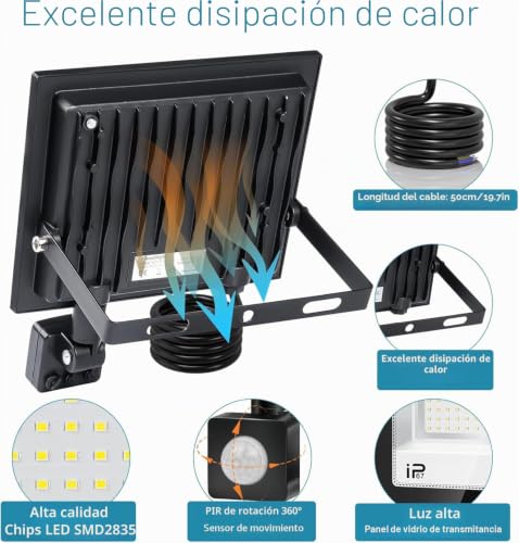 Detalle 2 de YZYFACAI Foco LED Exterior 50W con Sensor de Movimiento IP67, 5000 lm y 7000K