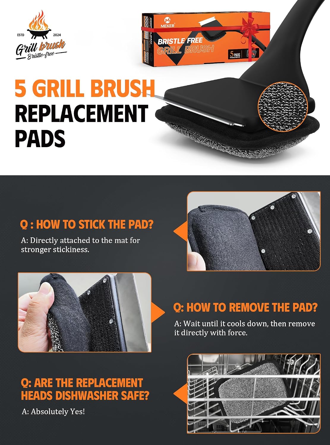 Detalle 2 de MEKER GB5+1 Bristle-Free Grill Brush with Scraper and 5 Replacement Heads
