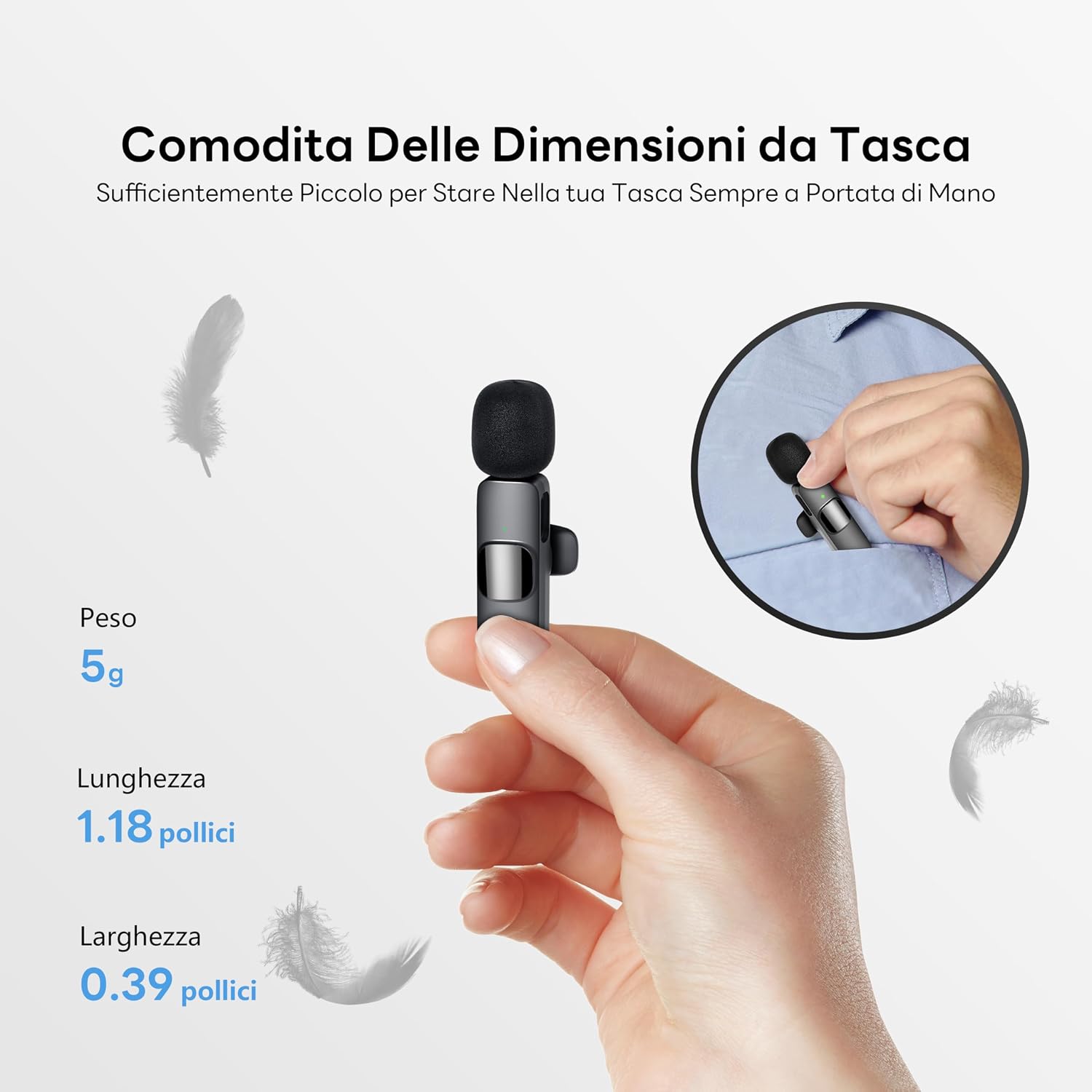 Detalle de Qhot Microfono Wireless Lavalier per iPhone/Android/PC – Batteria 10 Ore, Cancellazione del Rumore, Plug & Play