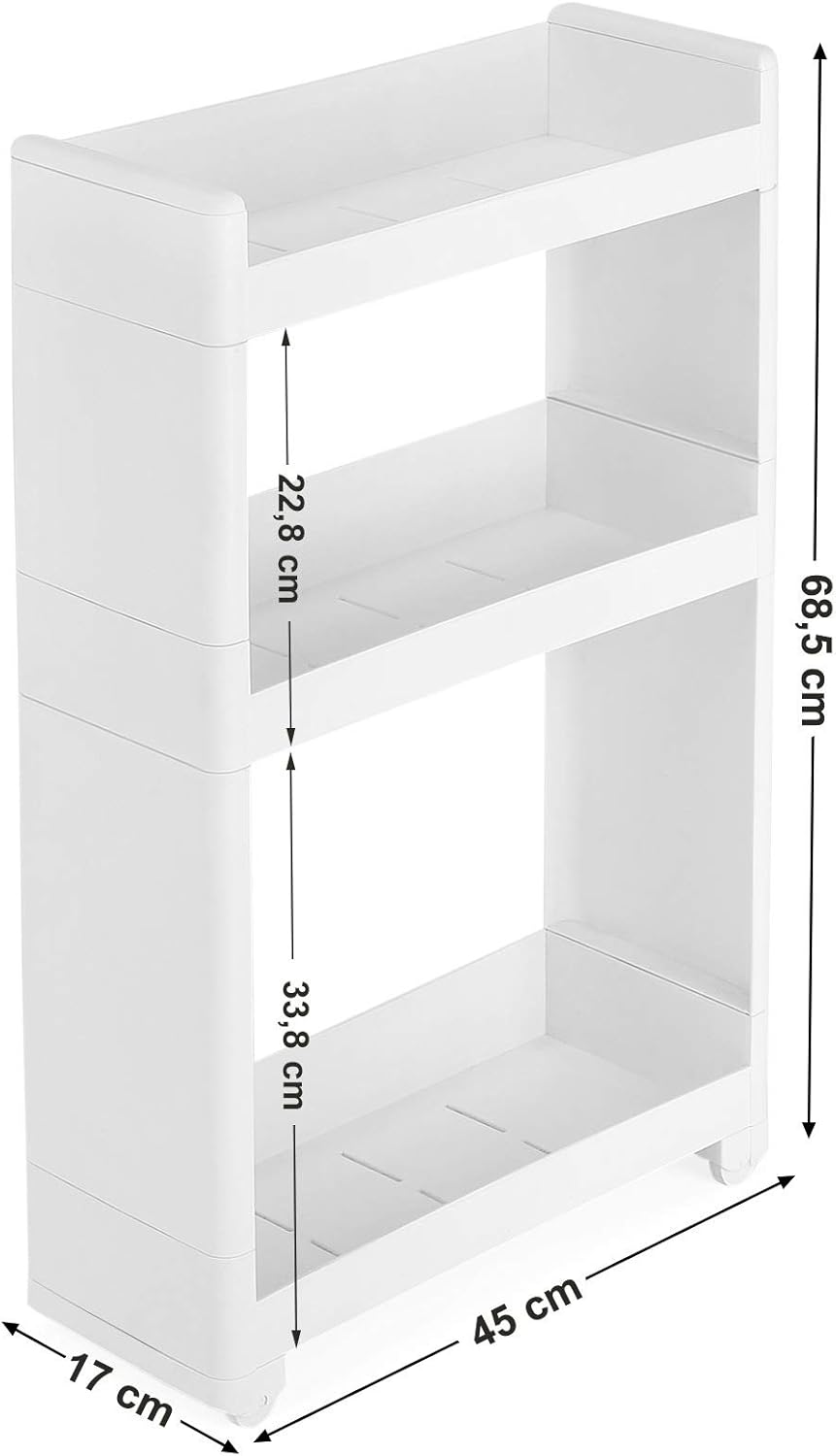 Detalle 2 de SONGMICS Ripiani Stretti Carrello Mobile a 3 Livelli KFR09WT: compatto, versatile e facile da spostare