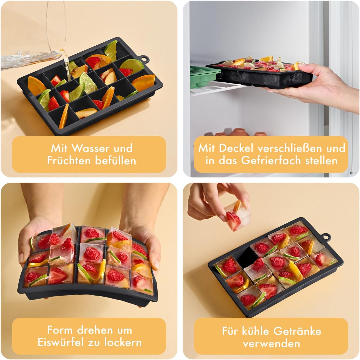 Thumbnail 4 de Blumtal Eiswürfelformen Silikon 3er Set – 15er Eiswürfelform mit Deckel, BPA-frei, lebensmittelecht, Schwarz