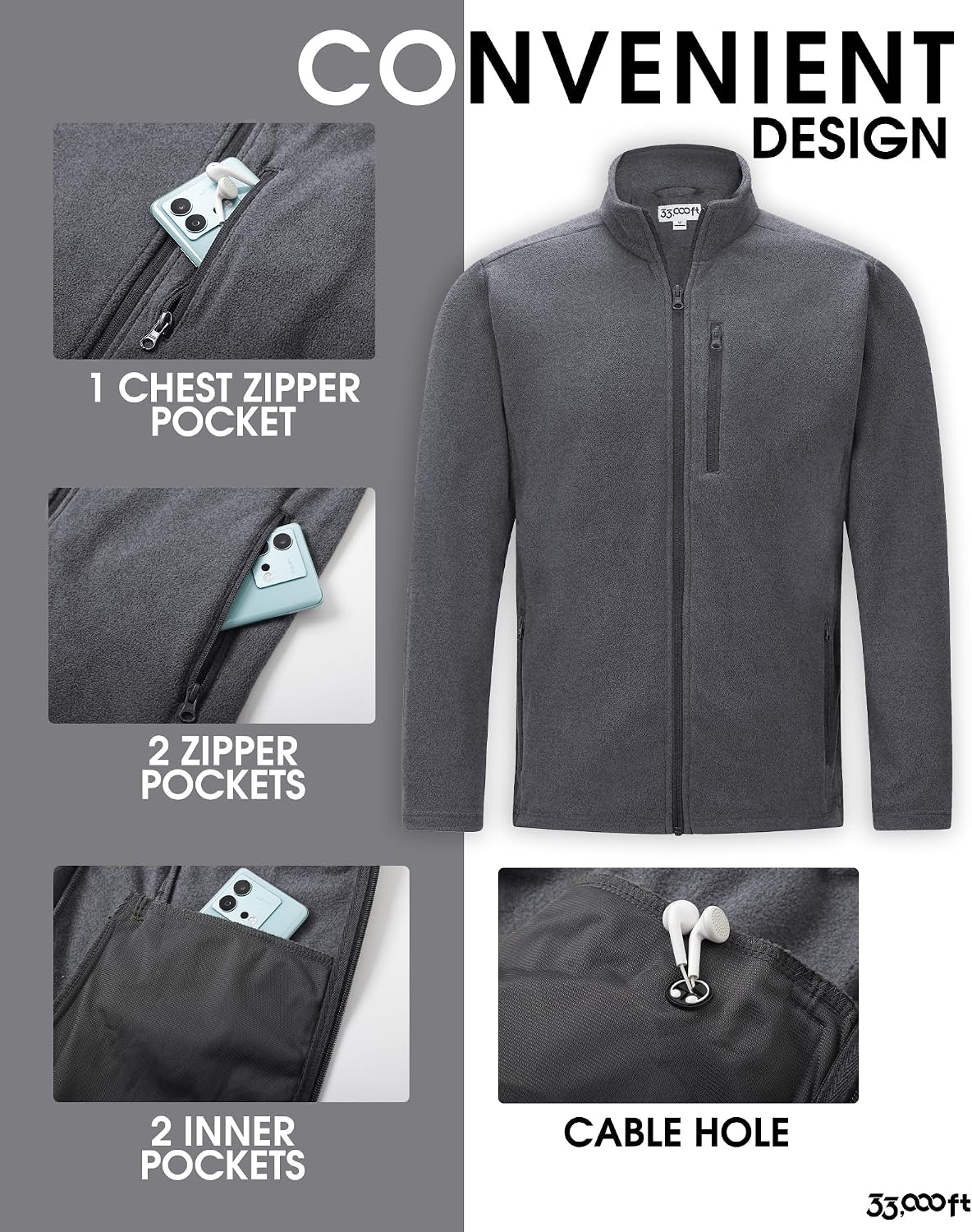 Detalle 2 de 33,000ft Herren Fleecejacke Warm Stehkragen
