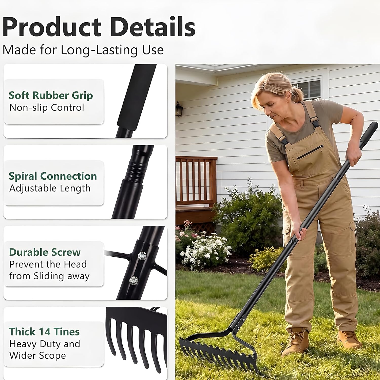 Thumbnail 5 de Fuuwuu 14 Tines Garden Rake Heavy Duty – 65Mn Steel, 145cm Telescopic Handle