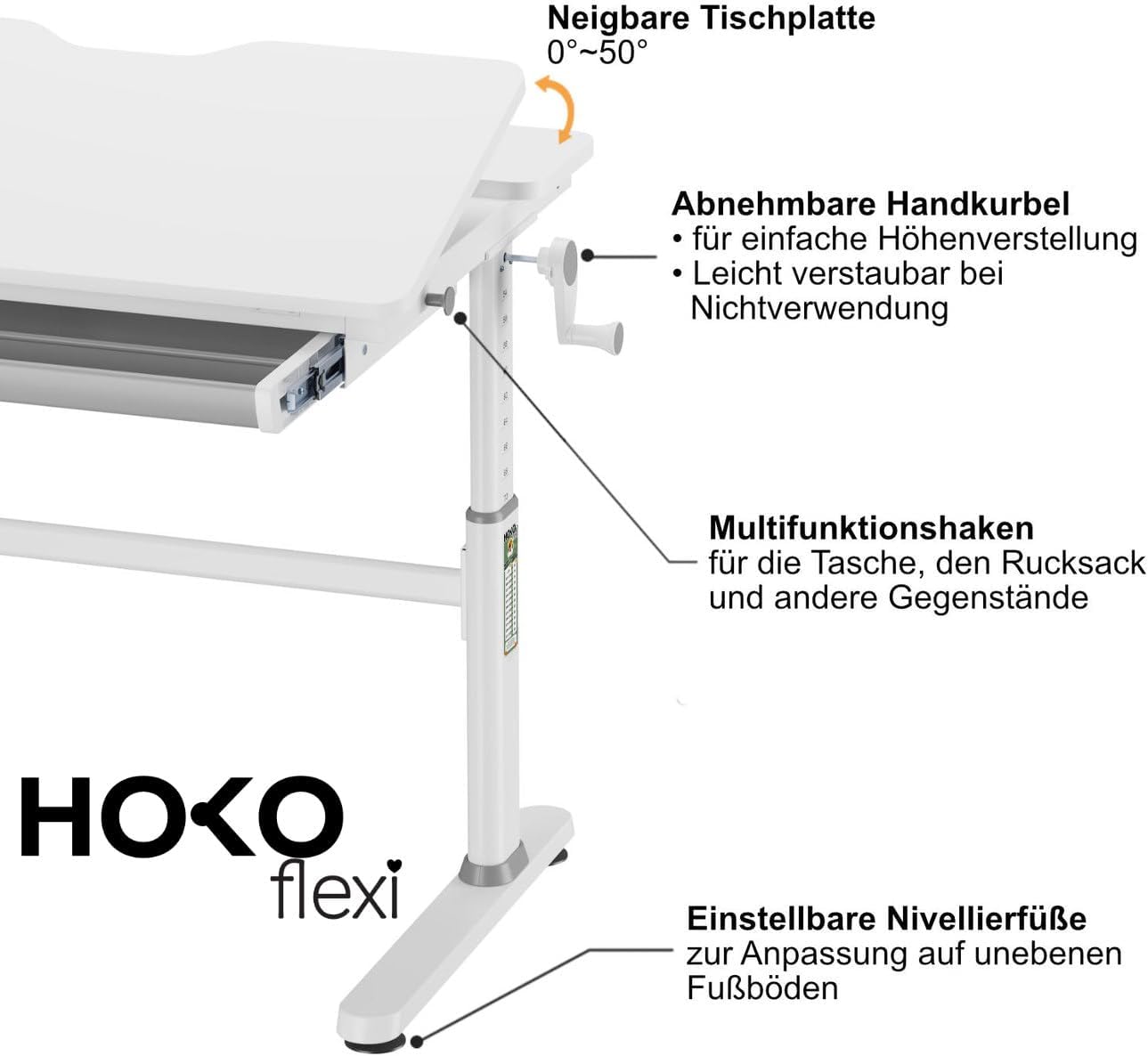 Thumbnail 4 de HOKO Kinderschreibtisch Höhenverstellbar ELIN – 120×60 cm, neigbare Tischplatte und Schubladen