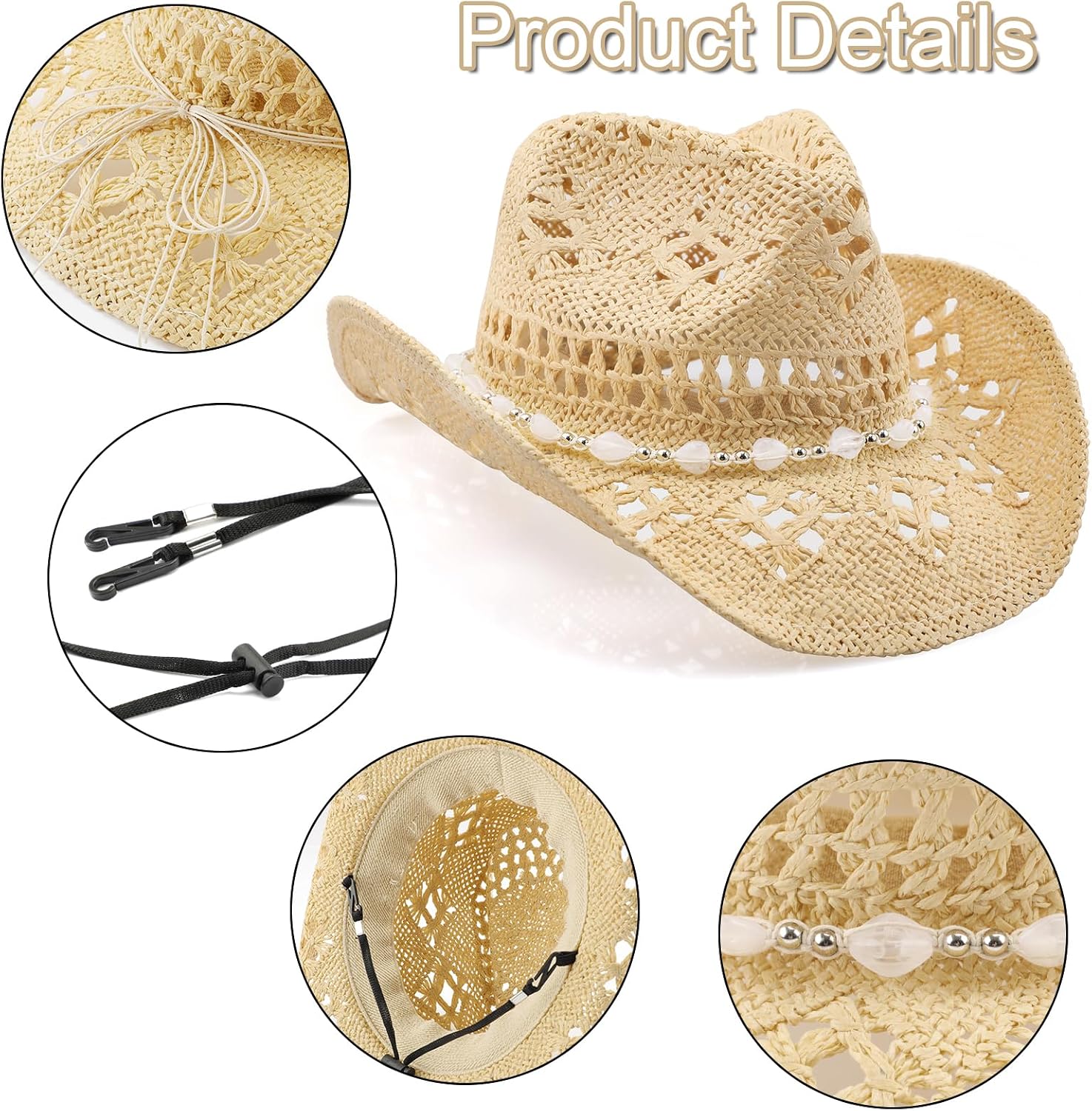 Detalle de WQWOVRVO straw cowboy hat with shapeable wide brim (white/black) for women and men