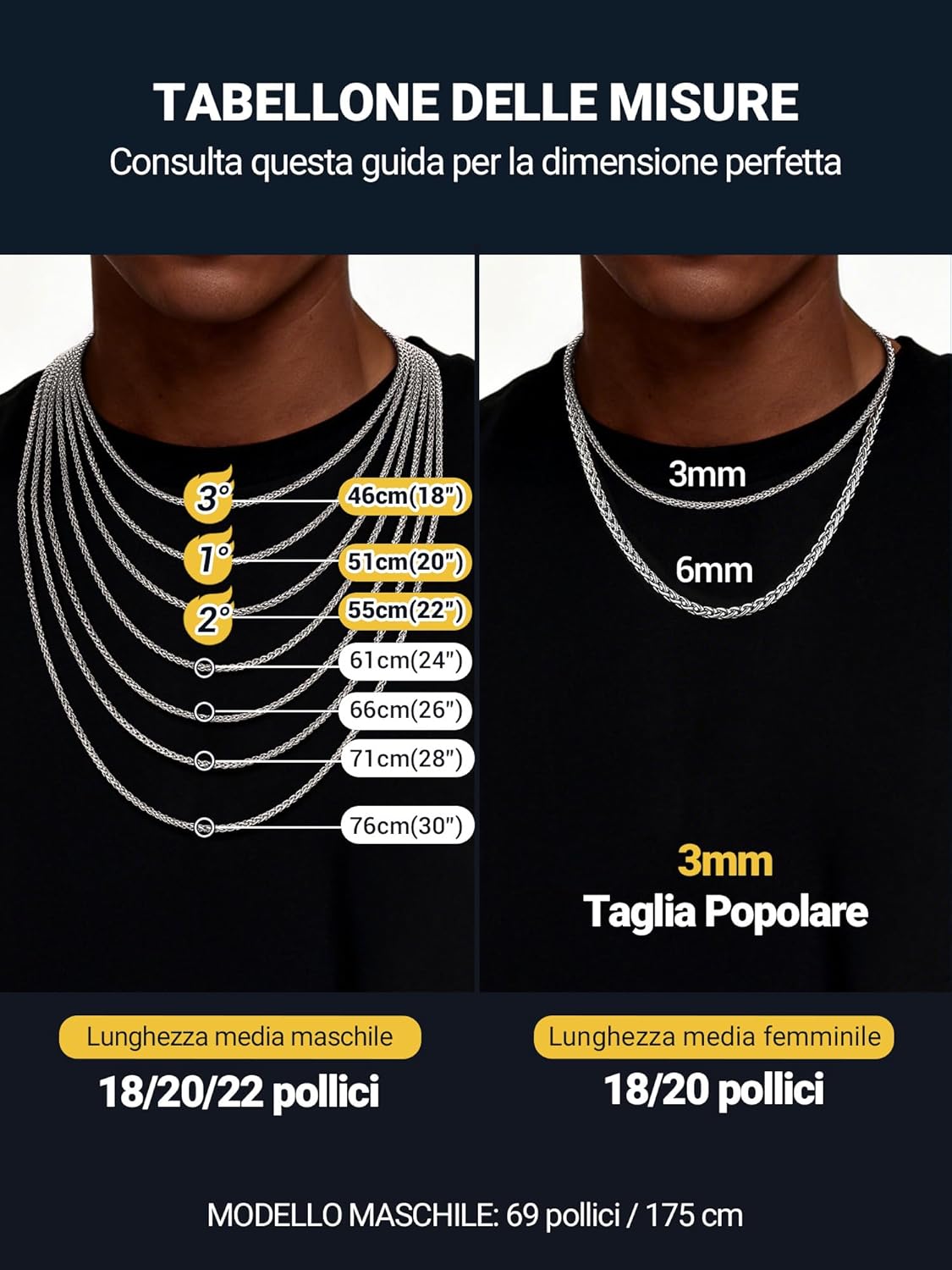 Thumbnail 2 de PROSTEEL Collana da uomo in acciaio 316L con catena grana “dente di drago” 3 mm, lunghezze 46–76 cm