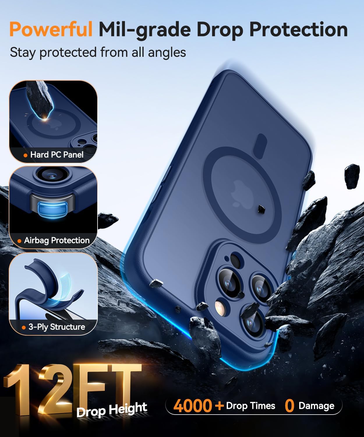 Thumbnail 5 de Coque Magnétique CANSHN pour iPhone 14 Pro (6,1 po) – Protection complète de l’appareil photo, finition mate translucide bleu foncé