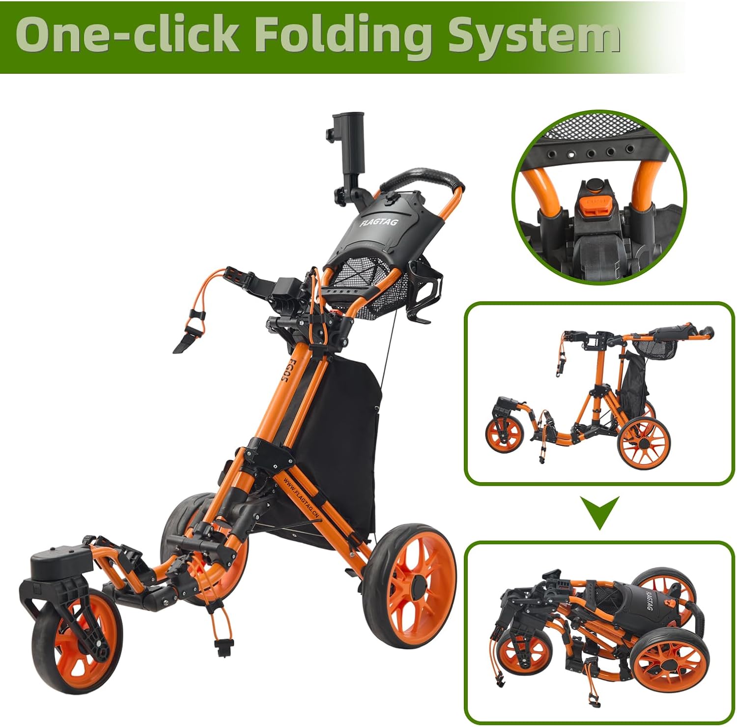 Detalle 2 de FLAGTAG 3-Wheel Golf Push Cart with 360° Swivel Front Wheel, Foldable Design & Foot Brake