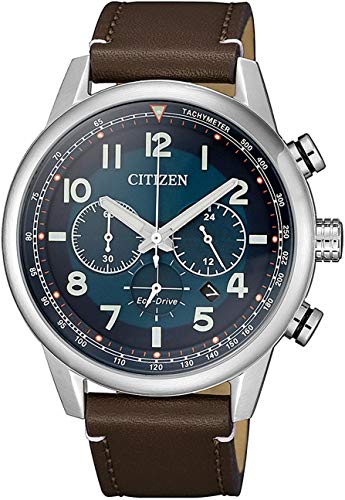 Detalle de Citizen Reloj cronógrafo Eco-Drive para hombre, 43 mm, esfera azul y correa de piel