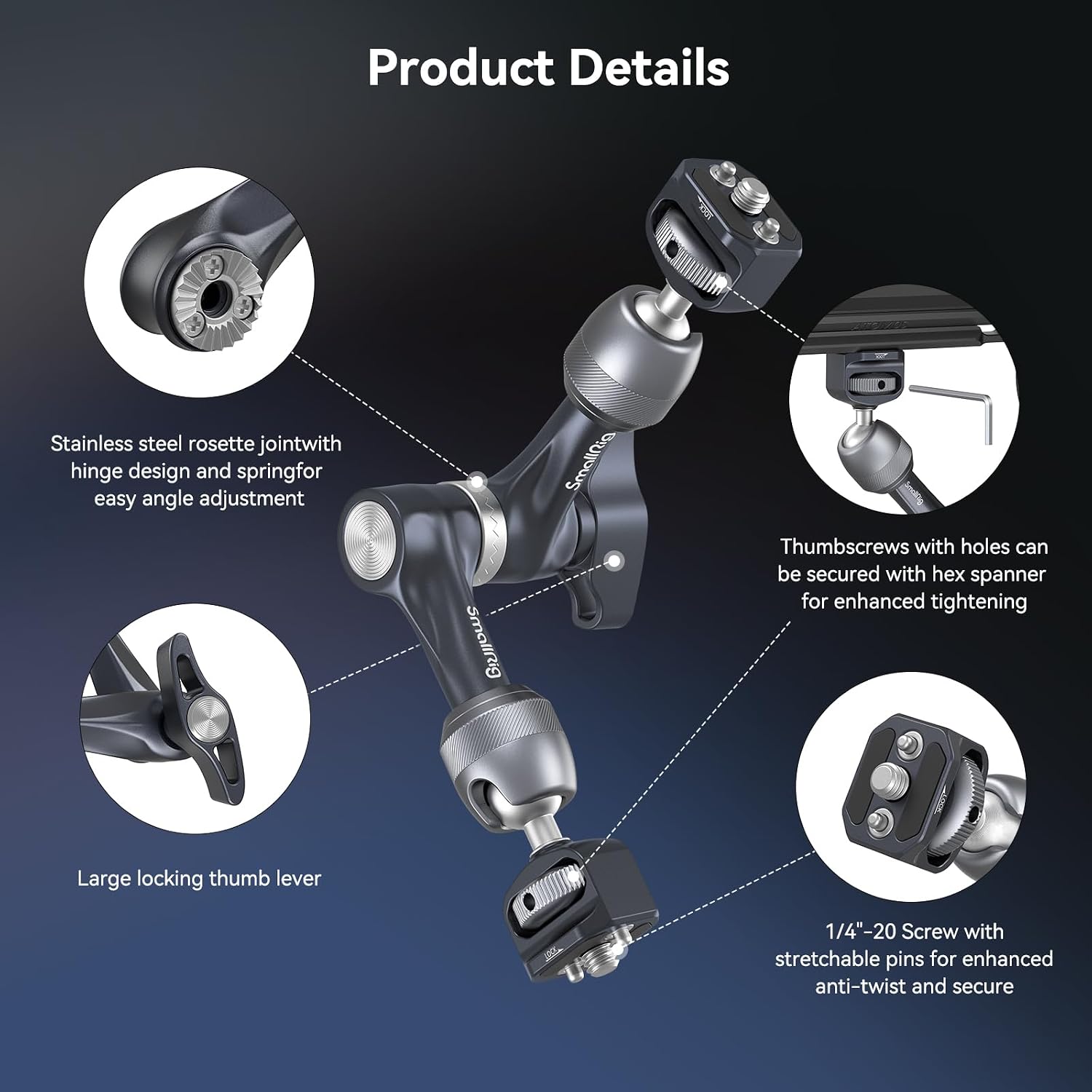 Detalle de SmallRig 7" Rosette Magic Arm 4194 – Anti-Twist Gelenkarm mit 1/4"-20 Schrauben, Tragfähigkeit 3,5 kg