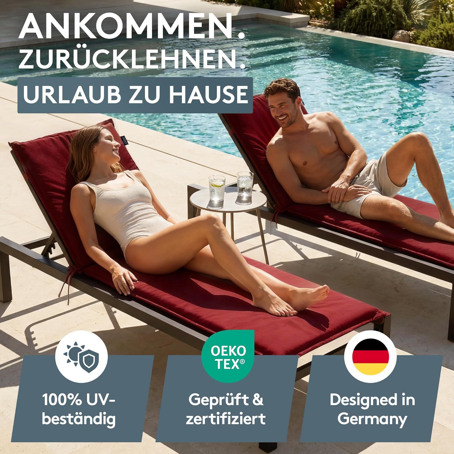 Thumbnail 4 de LILENO HOME 2er-Set Sonnenliege mit Rollen, gepolstert rot (188 x 60 x 5 cm) – für Garten & Terrasse
