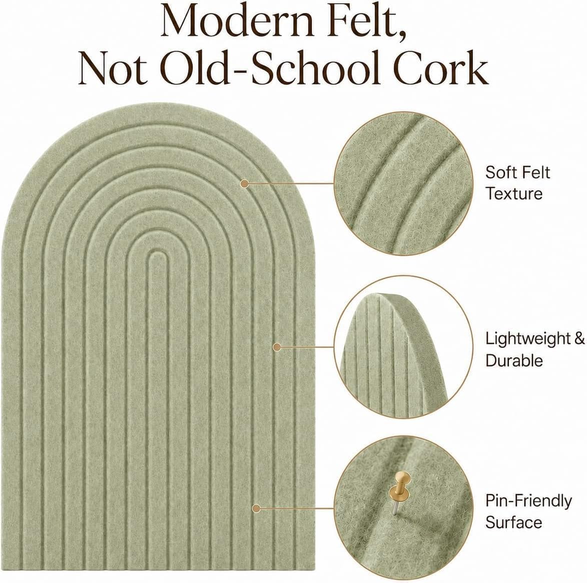 Detalle 2 de Clavorae Large Arched Felt Bulletin Board, 24" x 18", Sage Green, 50 Pins