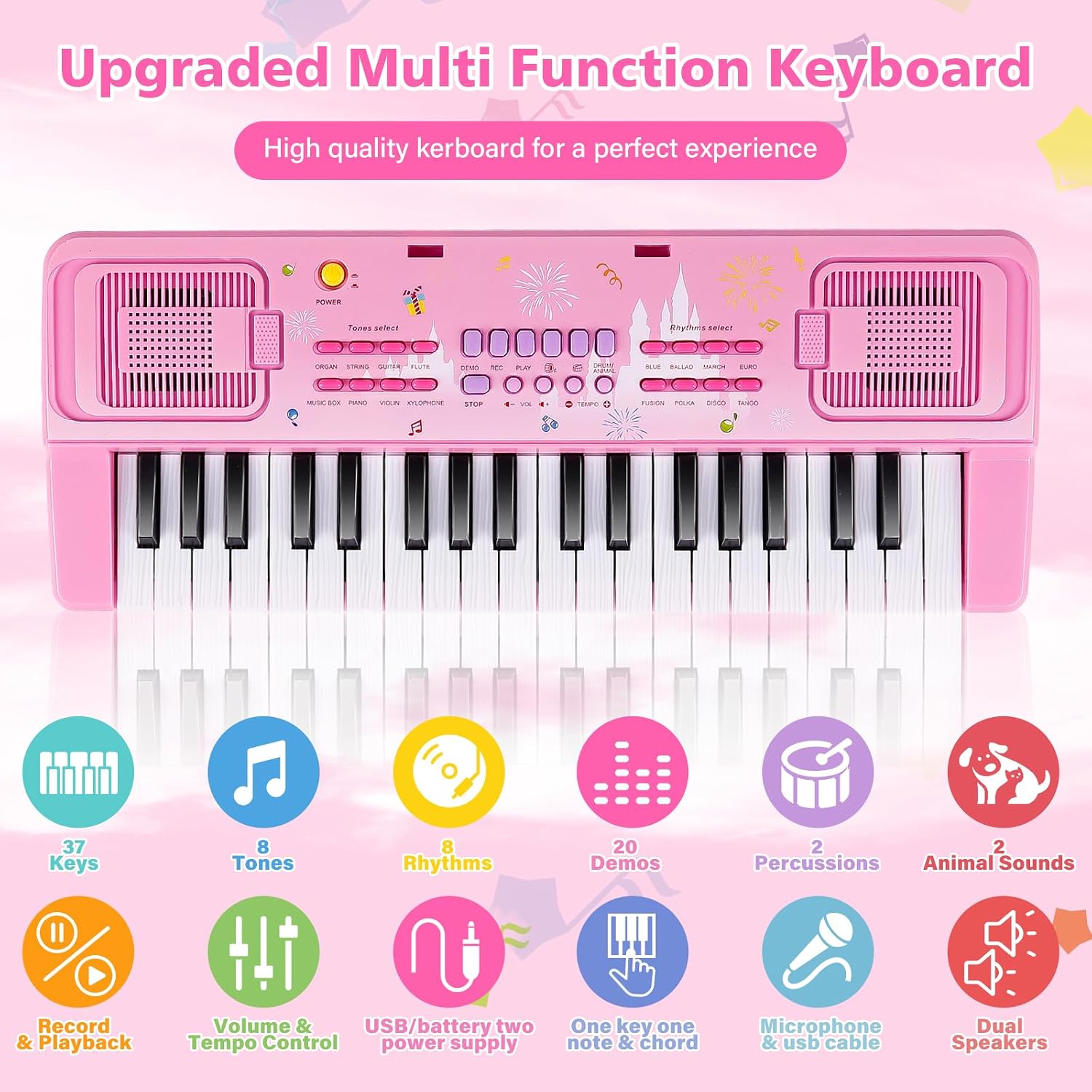 Thumbnail 5 de Kids Piano Keyboard, 37 Keys: Portable Pink Electronic Keyboard for 3–9 Year Olds