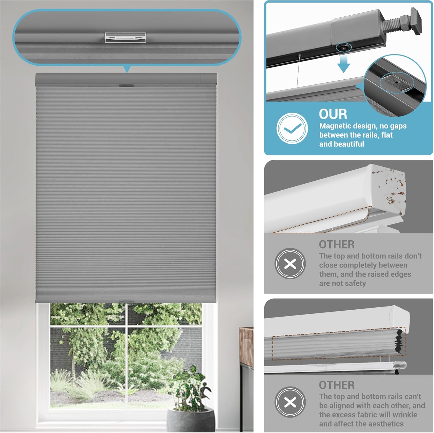 Detalle de Boolegon No Drill No Tools Cellular Shades – Top Down Bottom Up Honeycomb, Blackout Cordless 34.5" W x 48" H (Light Gray)