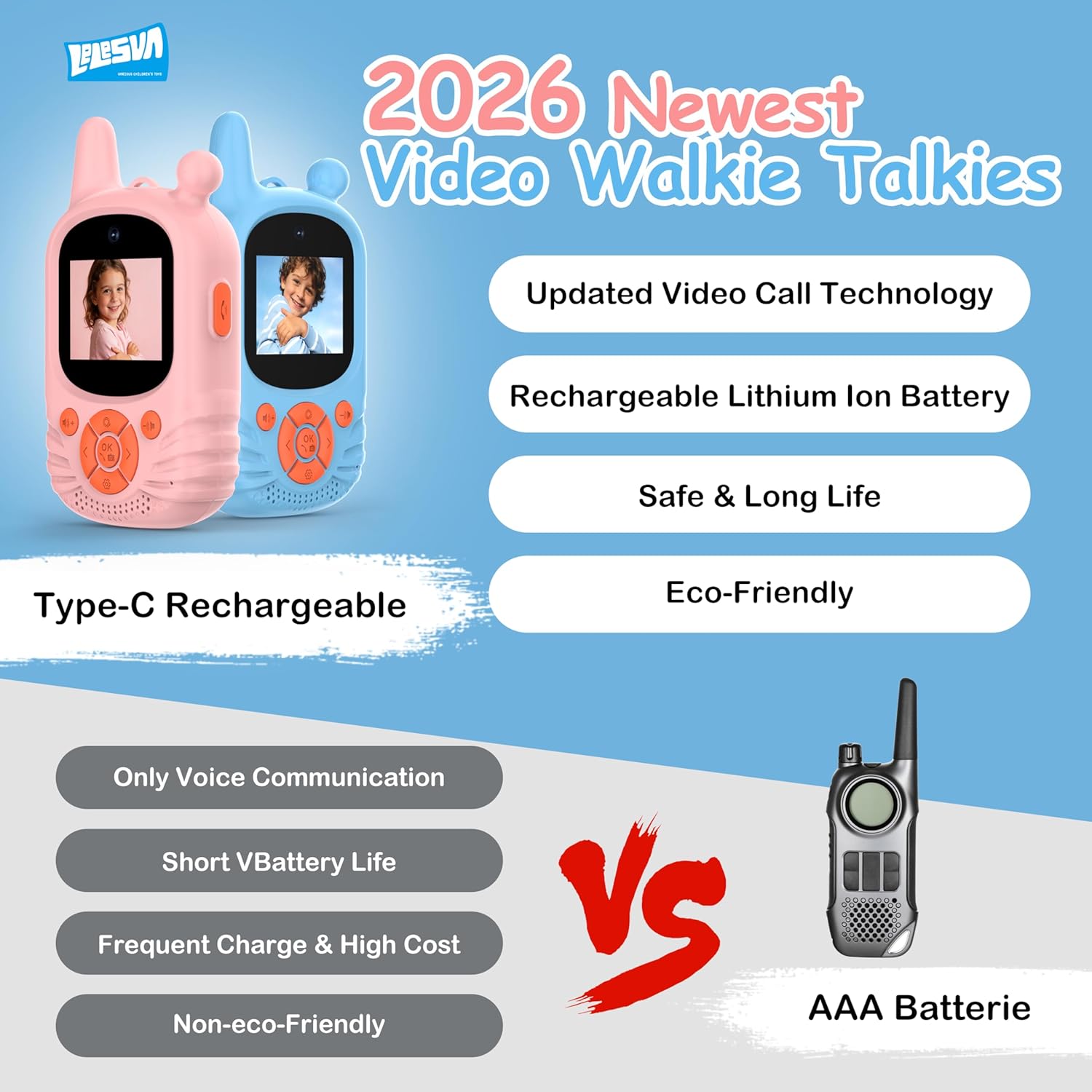 Thumbnail 1 de Walkie Talkie video per bambini LELESUN – set da 2 con doppia fotocamera e ricaricabili