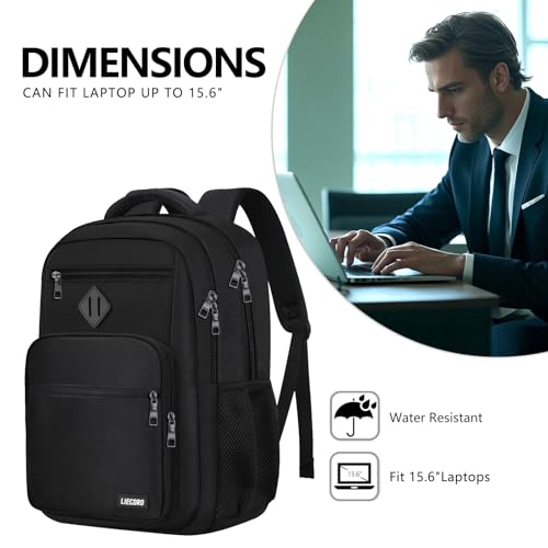 Detalle de LIECDRO Black Backpack for Men: 15.6-Inch Laptop Daypack for School, Work, and Travel